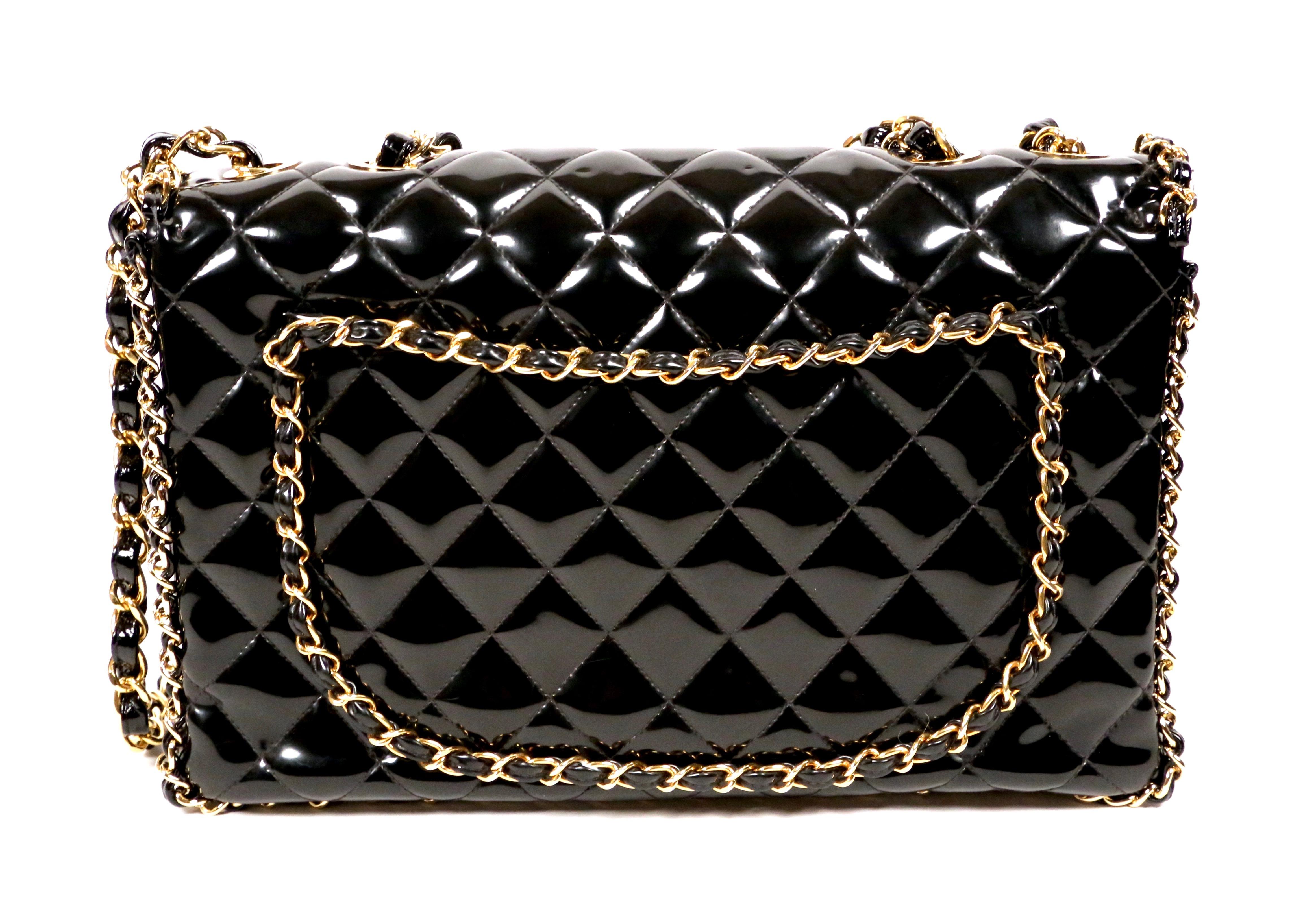 Black very rare 1990's CHANEL black patent leather jumbo maxi bag with chain trim