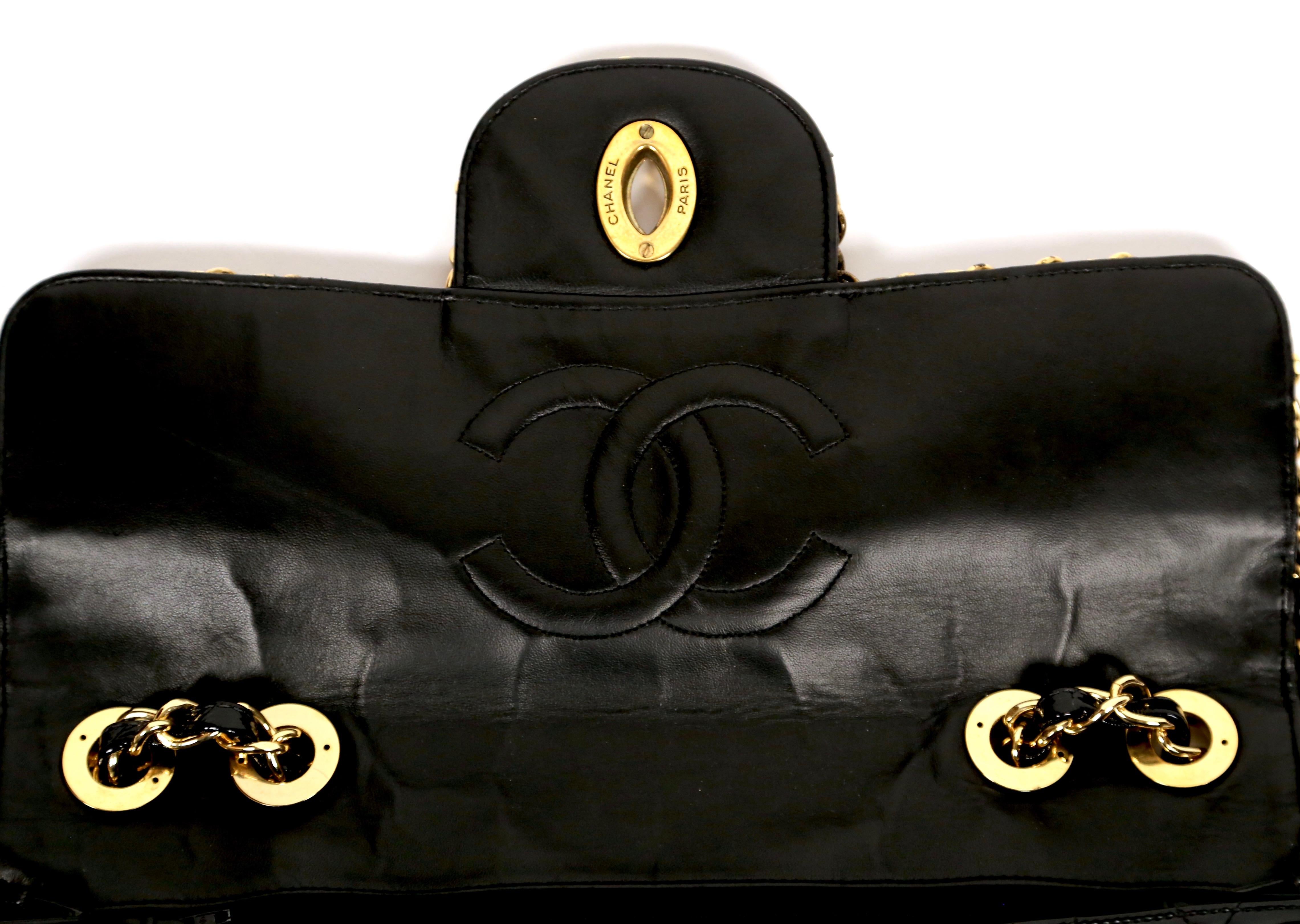 Women's or Men's very rare 1990's CHANEL black patent leather jumbo maxi bag with chain trim