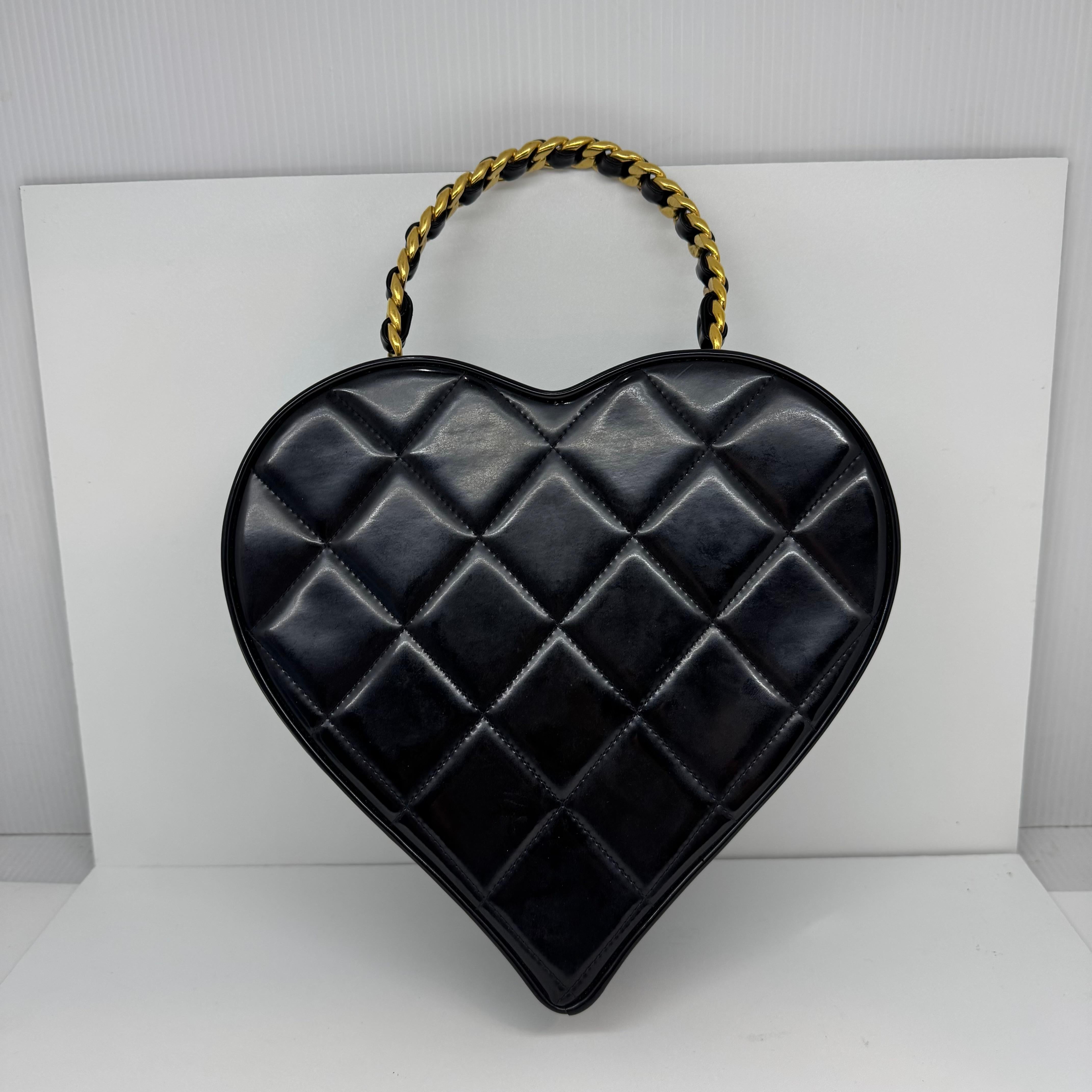 Very Rare 1990s Chanel Coco Mark Black Patent Vanity Heart Bag For Sale 10
