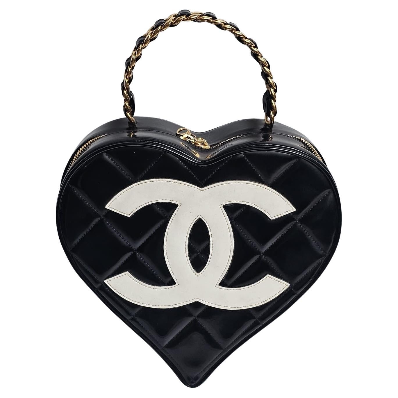 Very Rare 1990s Chanel Coco Mark Black Patent Vanity Heart Bag For Sale