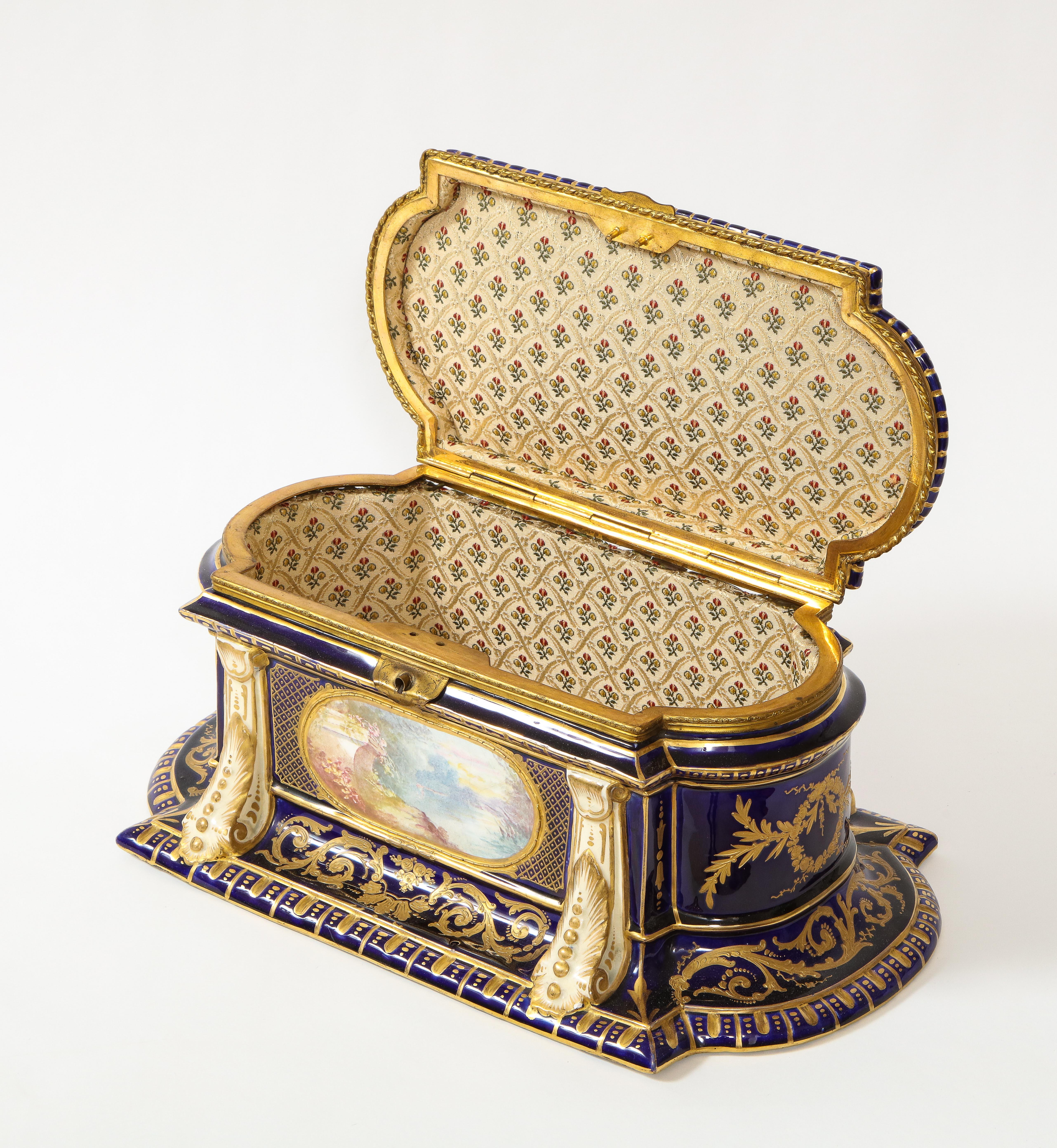 French Very Rare 19th C. Cobalt Blue Ground Sevres Porcelain Jewelry Box For Sale