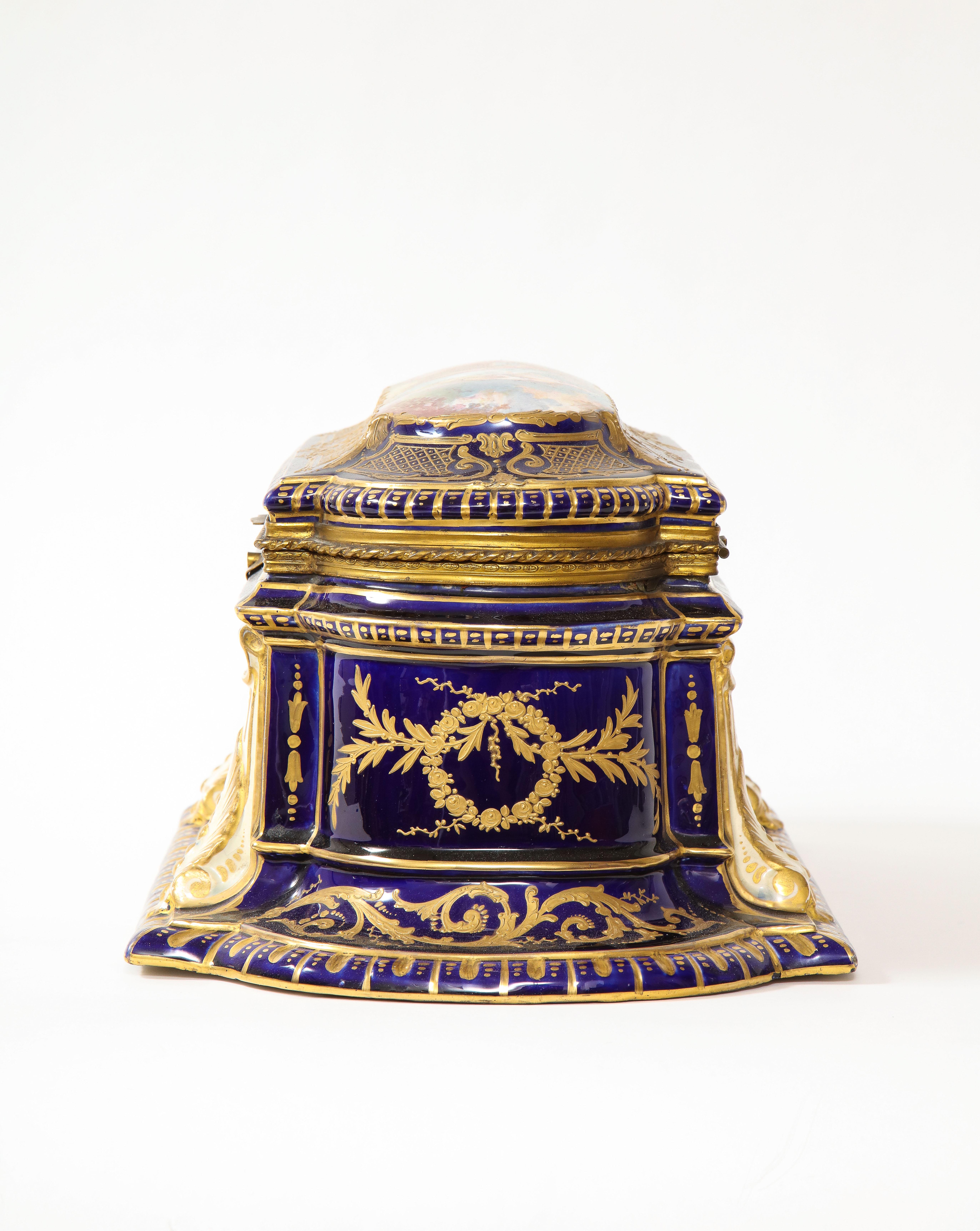 Gilt Very Rare 19th C. Cobalt Blue Ground Sevres Porcelain Jewelry Box For Sale