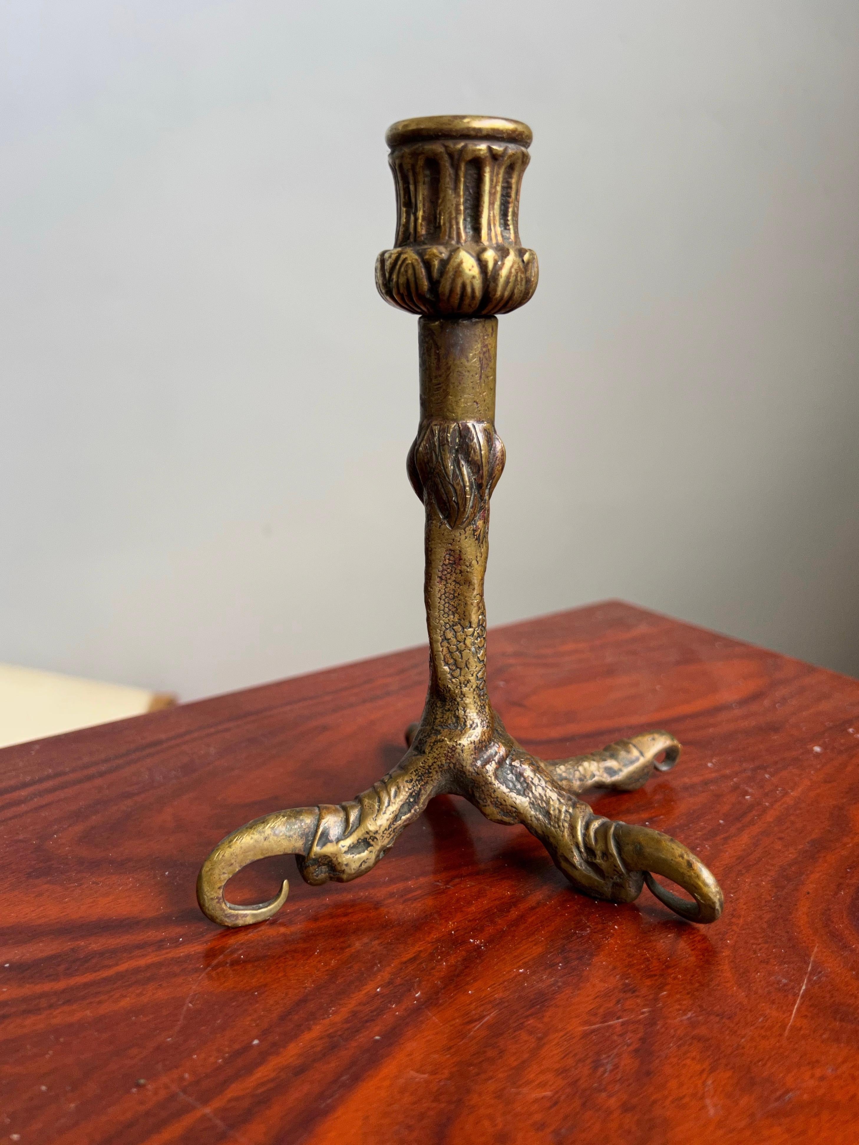 Victorian Very Rare 19th Century Antique Bronze Cold Painted Eagle Claw Candle Holder For Sale