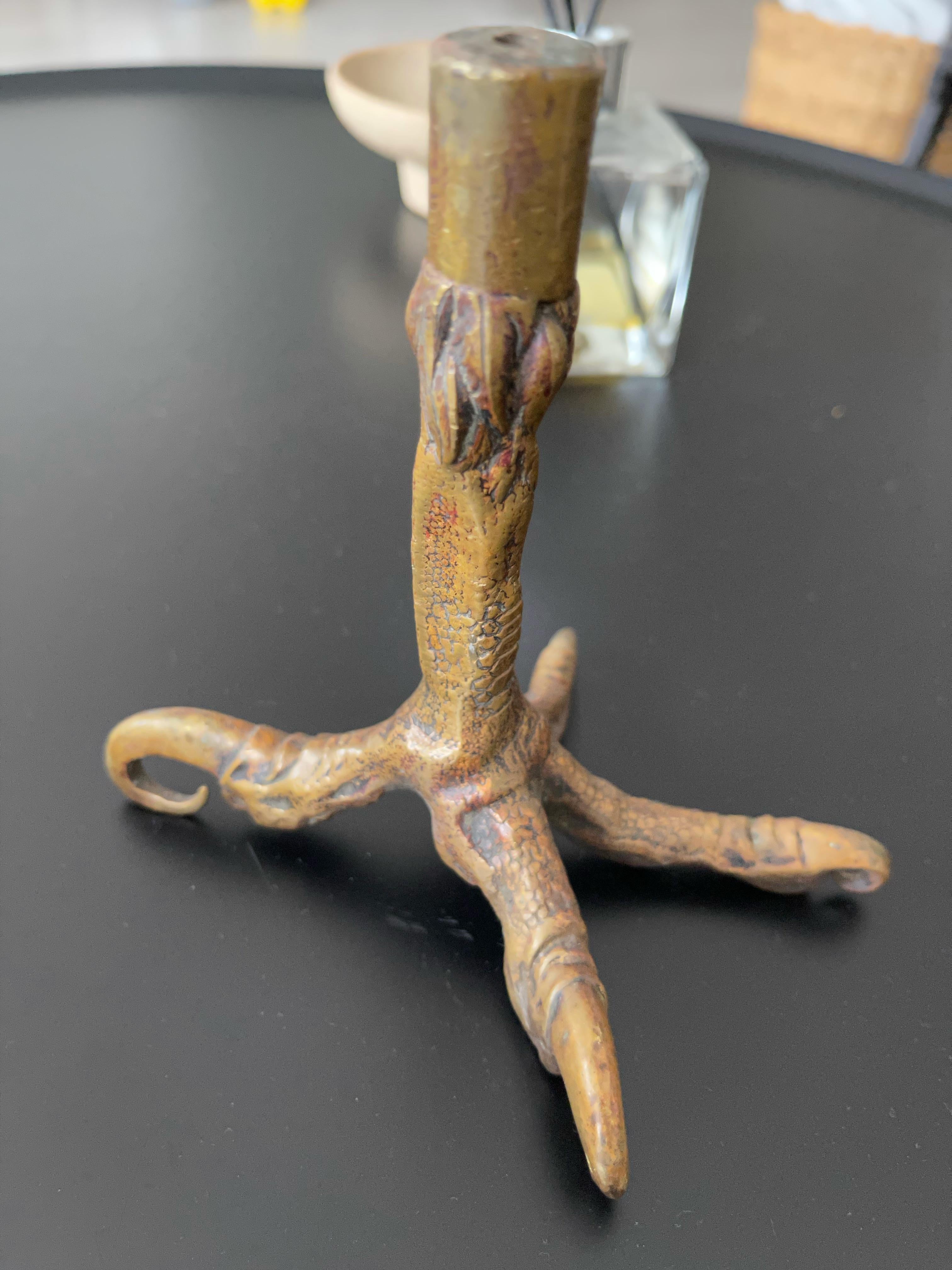 Very Rare 19th Century Antique Bronze Cold Painted Eagle Claw Candle Holder For Sale 3