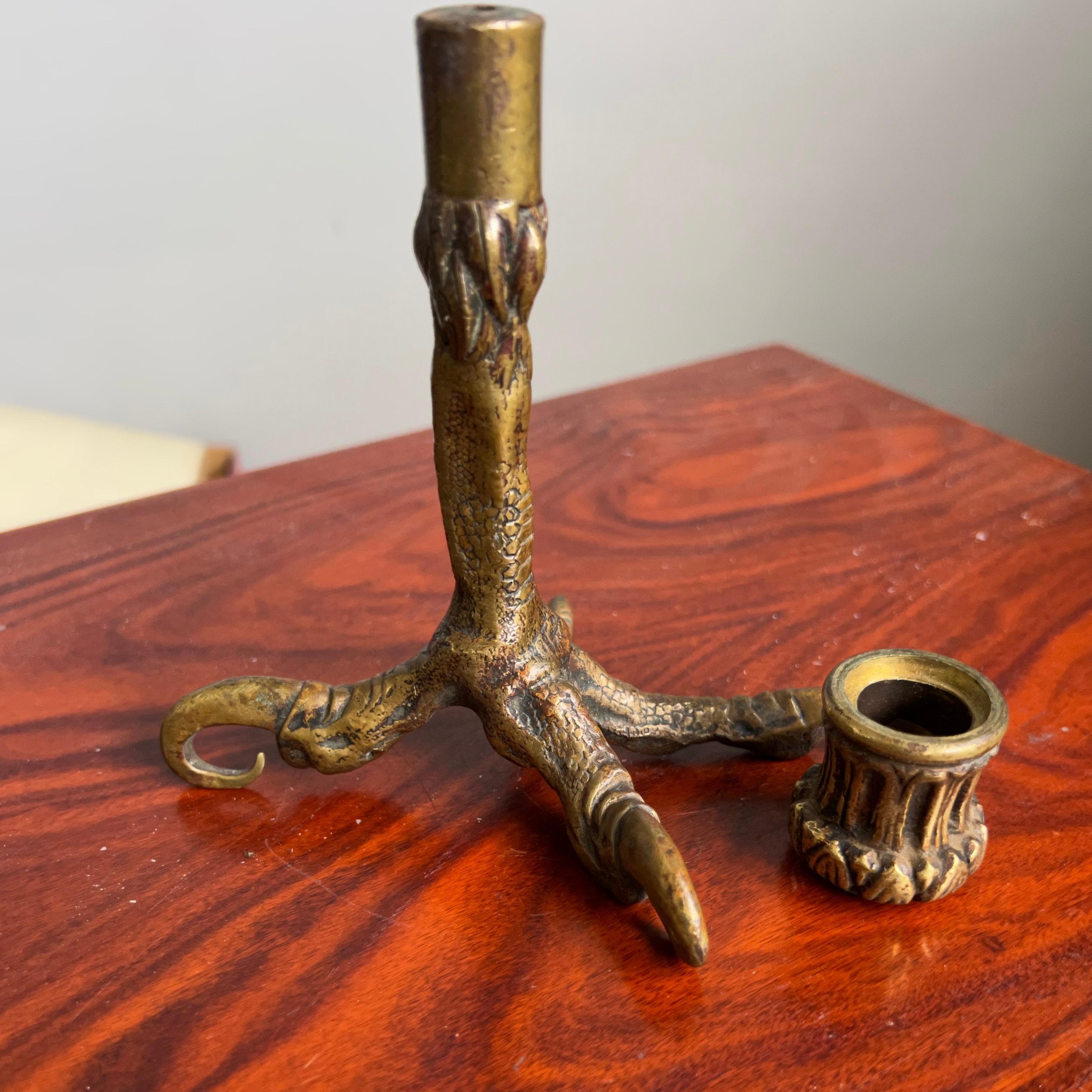 Cast Very Rare 19th Century Antique Bronze Cold Painted Eagle Claw Candle Holder For Sale