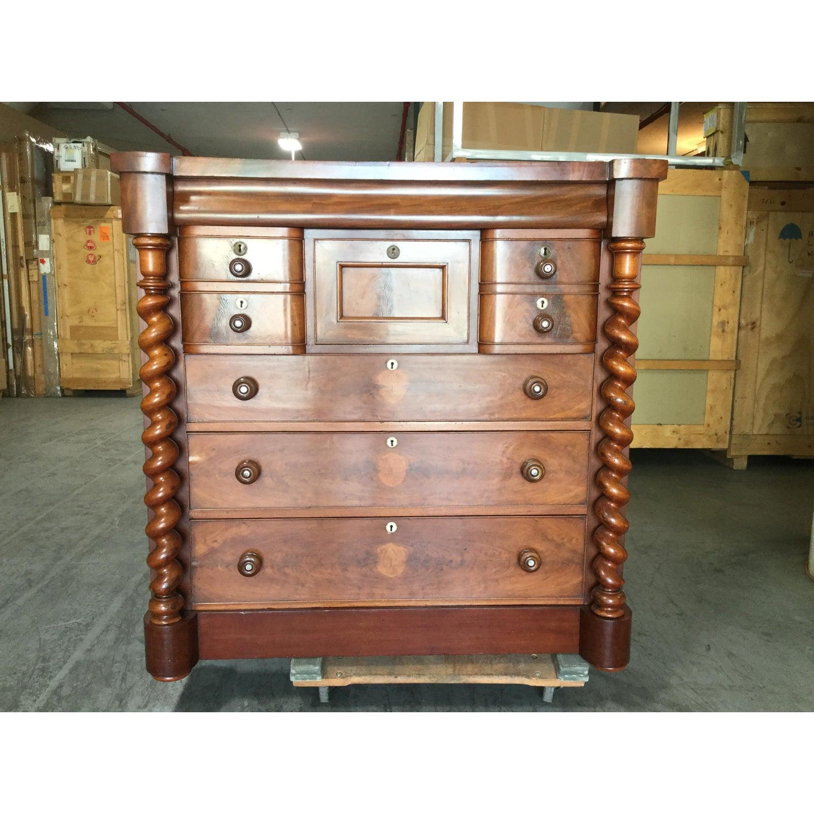 Very rare Scottish antique chest of drawers having two barley-twist columns flanking each side, 3 large drawers 7 x 40 and small upper drawers -- 2 on one side and one deep one on the other side as well as a center drawer. Each drawer features a