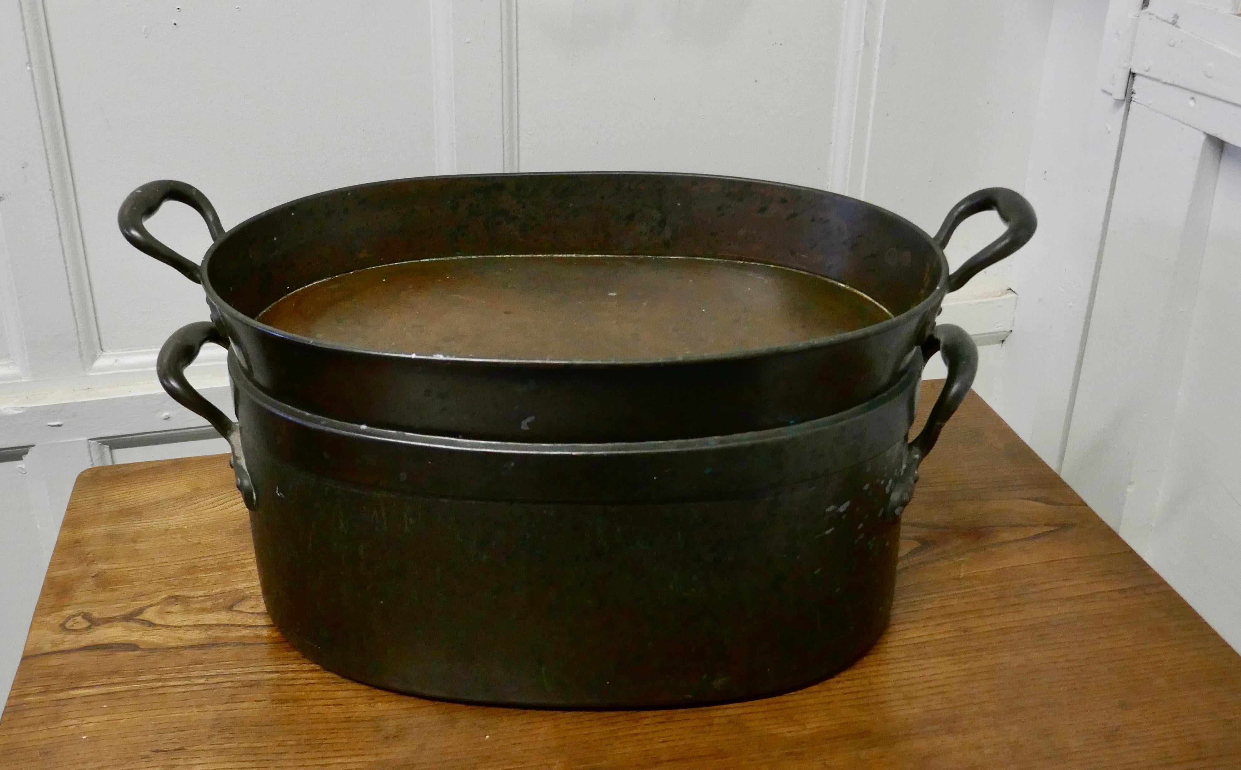 Very rare 19th century copper bain marie

This is a lovely looking and very rare find, a 19th century double sauce Pan, now we call this a Bain Marie, the bottom pan when full of water keeps the upper pan hot but free from direct heat
The top pan