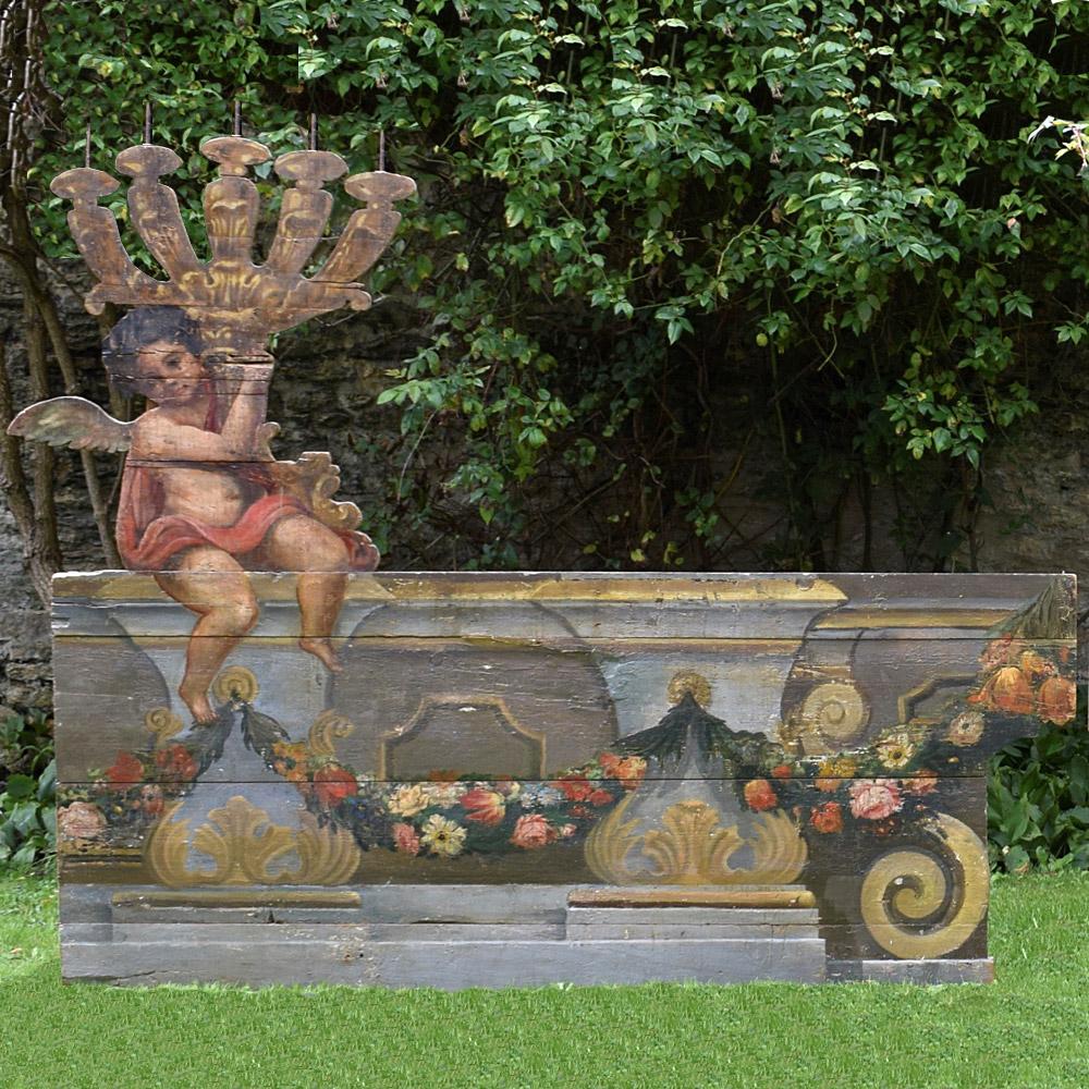19th century Italian trompe l'oeil panels 
We are proud to offer a spectacular pair of highly decorative 19th century Italian trompe l'oeil panels, each depicting an architectural balcony hung with garlands of flowers, the opposing ends with a