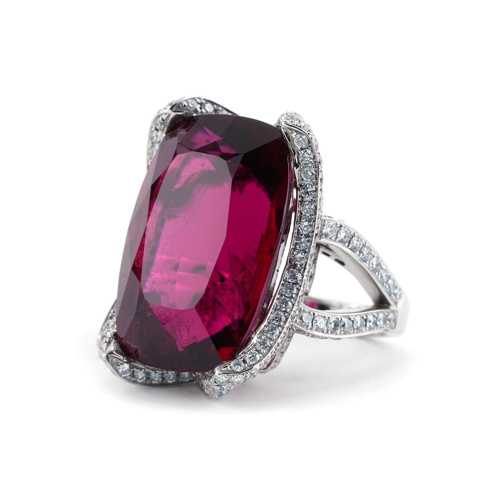 Modern Very Rare 38.21 Carat Rubellite and Diamond Cocktail Ring in 18K White Gold For Sale