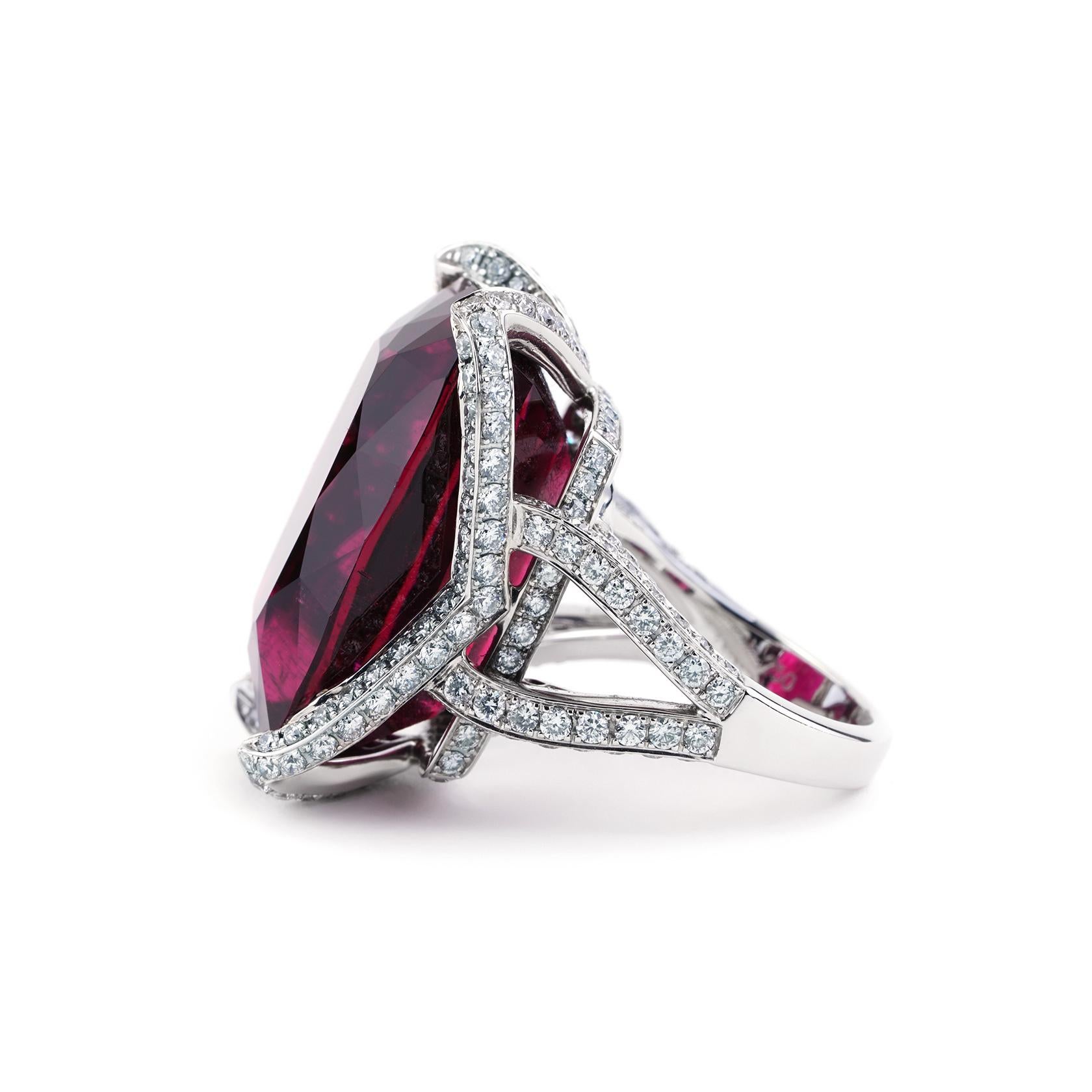 Antique Cushion Cut Very Rare 38.21 Carat Rubellite and Diamond Cocktail Ring in 18K White Gold For Sale