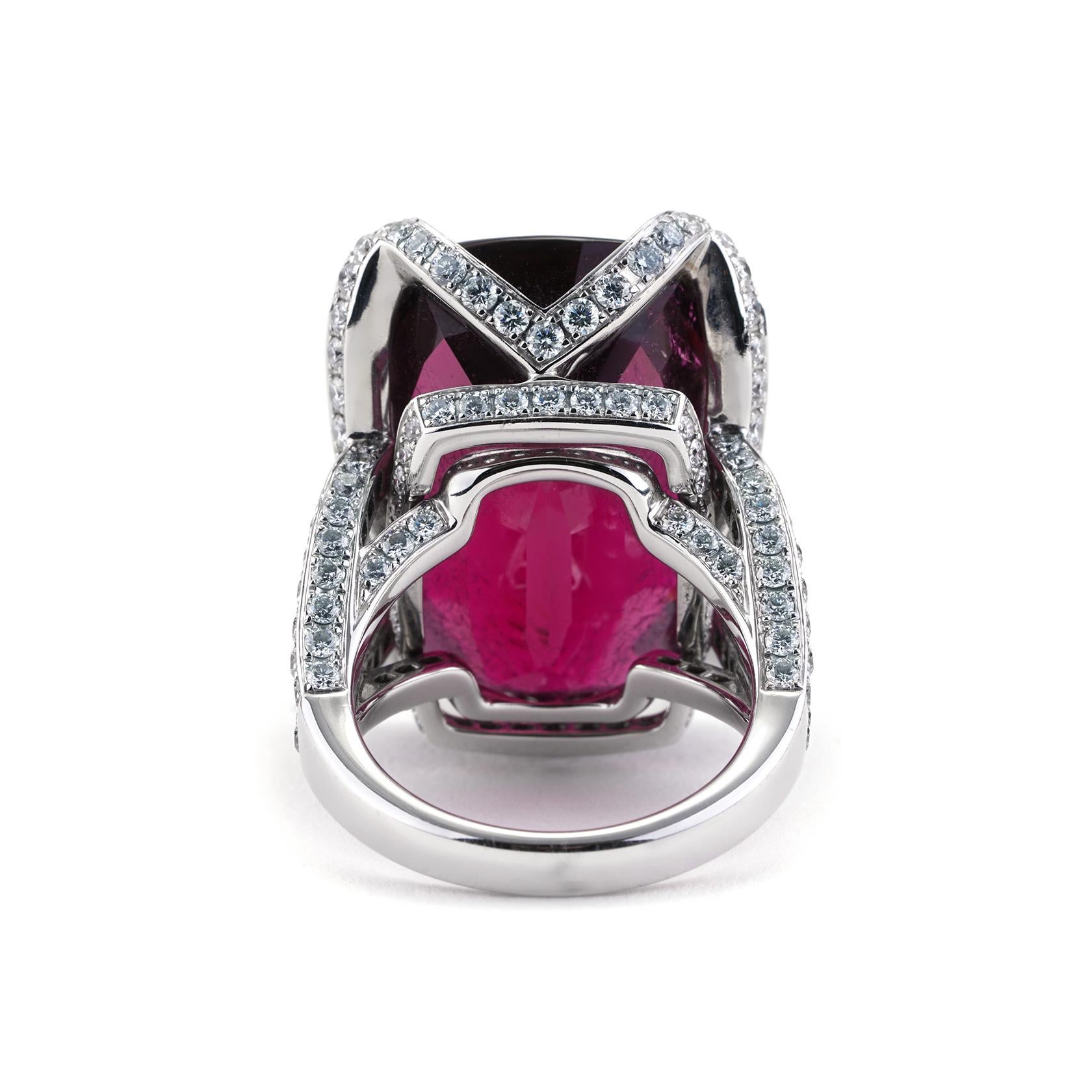 Very Rare 38.21 Carat Rubellite and Diamond Cocktail Ring in 18K White Gold In New Condition For Sale In Chicago, IL