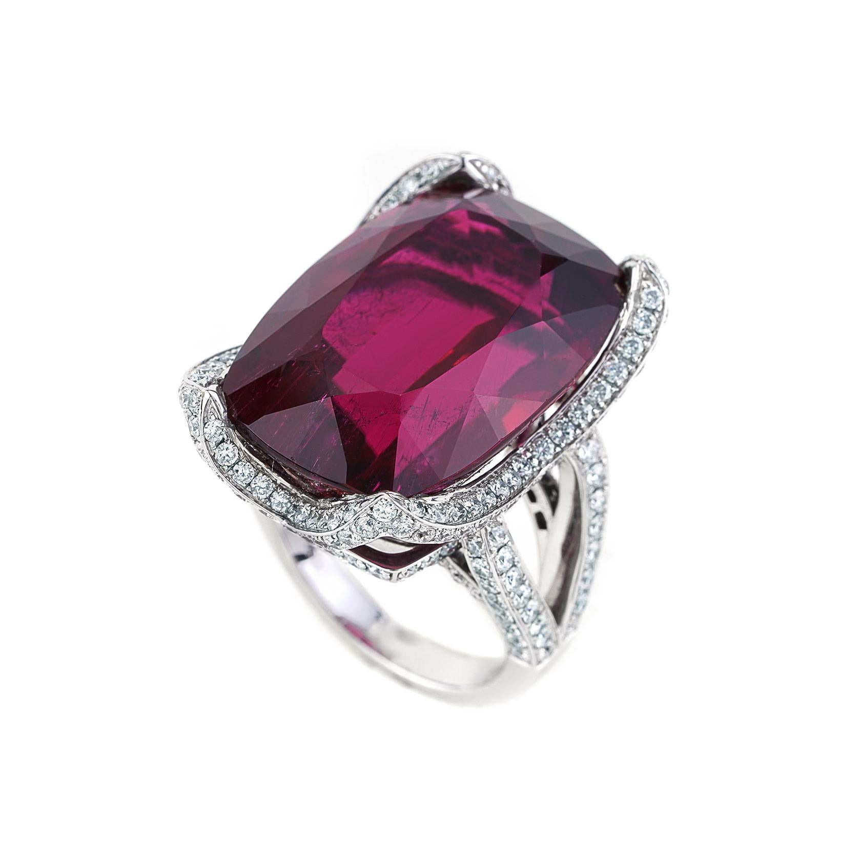Women's Very Rare 38.21 Carat Rubellite and Diamond Cocktail Ring in 18K White Gold For Sale