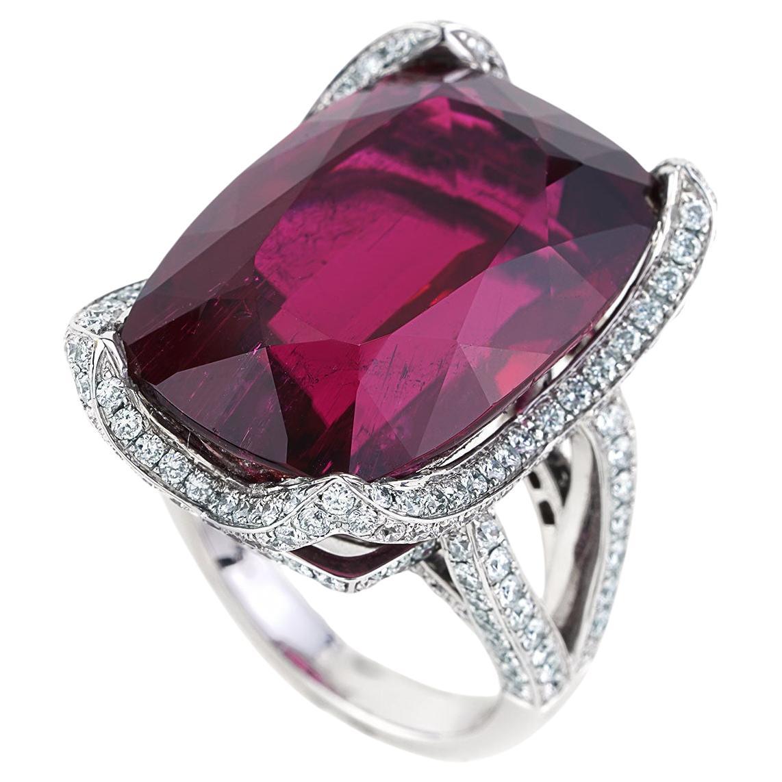 Very Rare 38.21 Carat Rubellite and Diamond Cocktail Ring in 18K White Gold For Sale