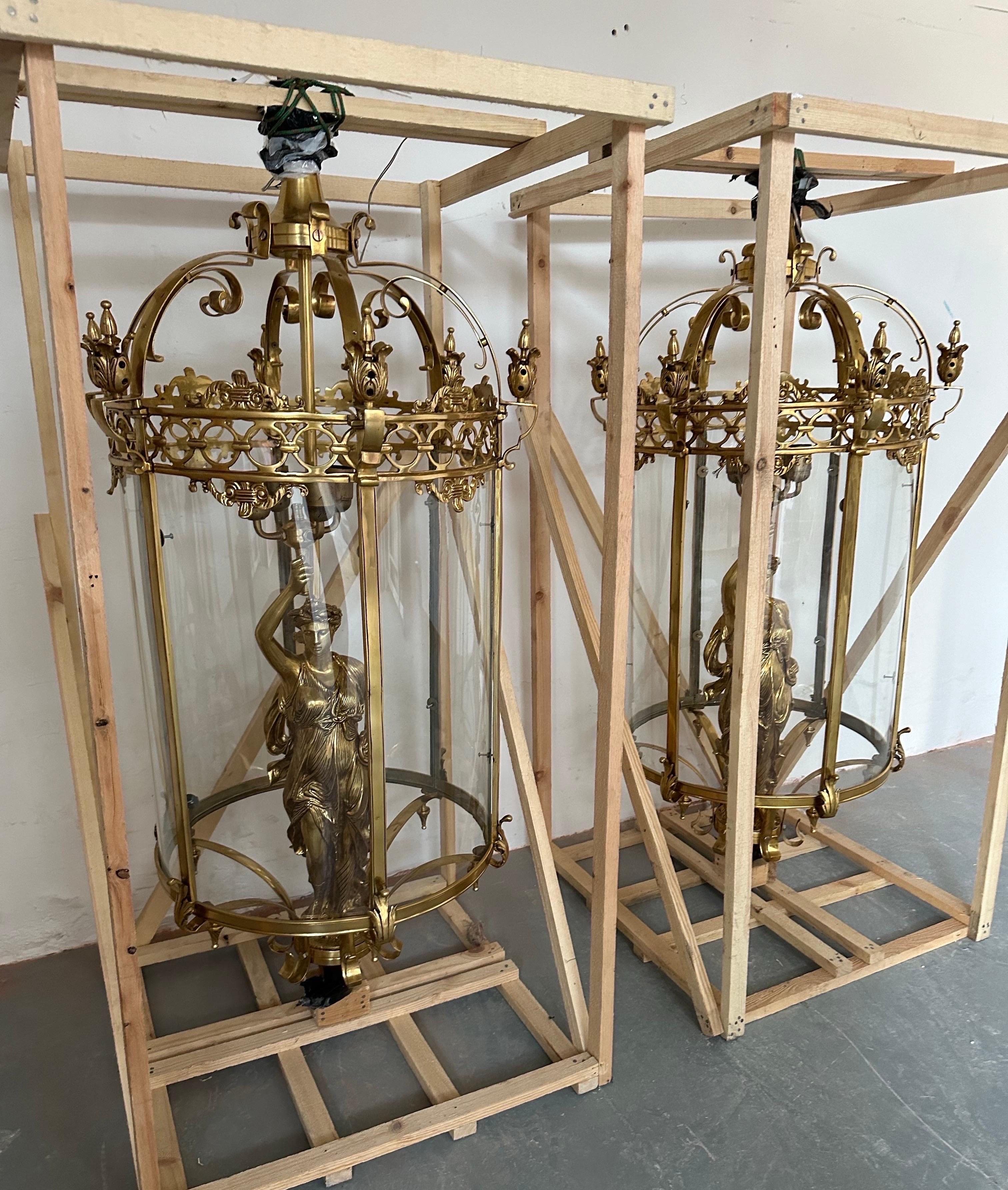 20th Century Very rare, 4ft tall liberty lanterns, brass and glass  For Sale
