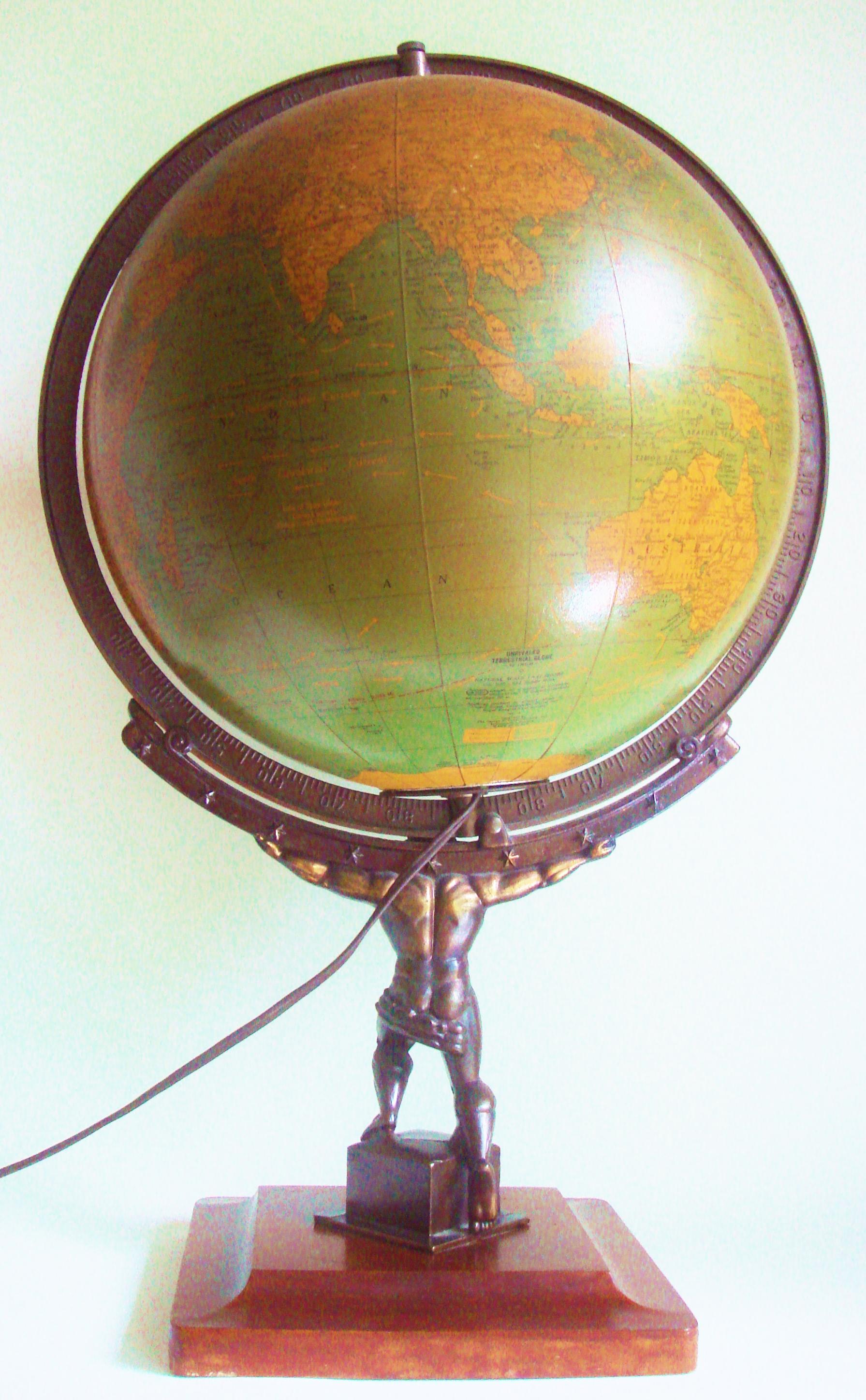Bronzed Very Rare American Art Deco Figurative Atlas Illuminated World Globe by Crams