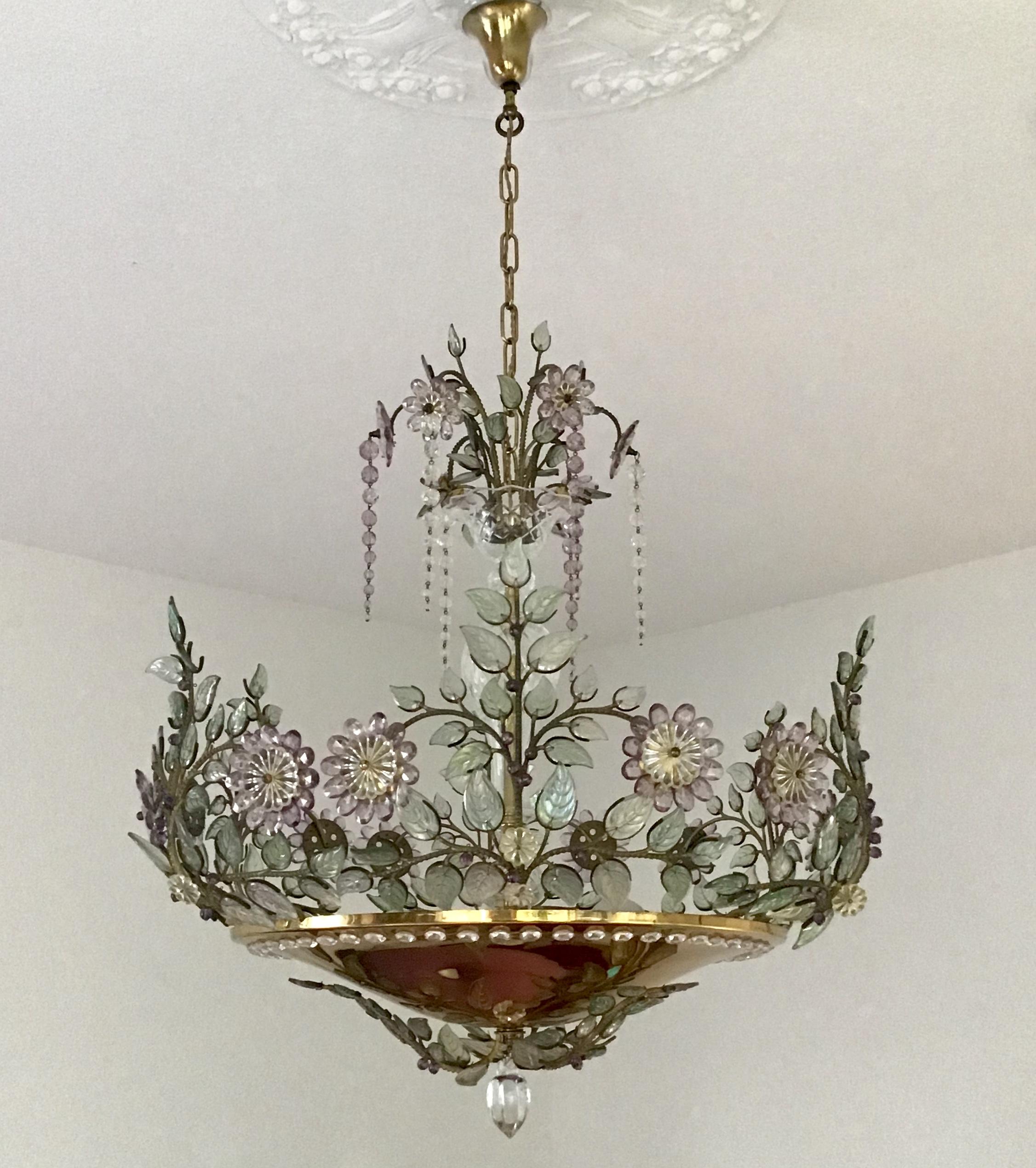 Amazing and absolutely rare six-light amethyst flower chandelier in the style of Maison Bagues, France, circa 1950s.
Gilt brass and cut crystal /glass.
Socket: Six x Edison (E27) for standard screw bulbs.
Rewired for US standards.
Pair available.