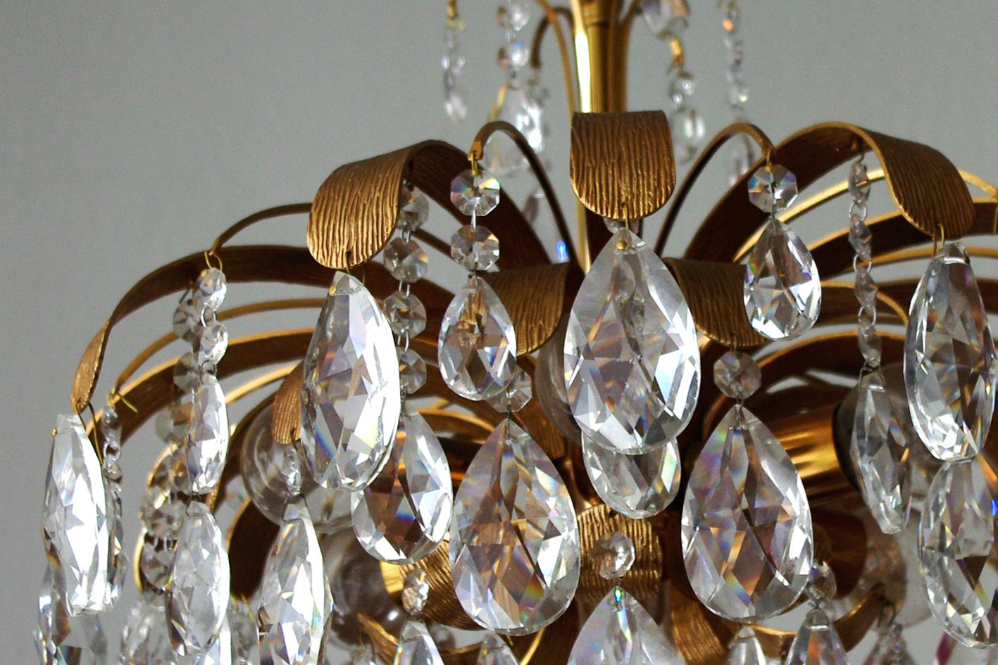 Hollywood Regency Very Rare and Beautiful Gold-Plated Chandelier by Palwa, 1960s For Sale