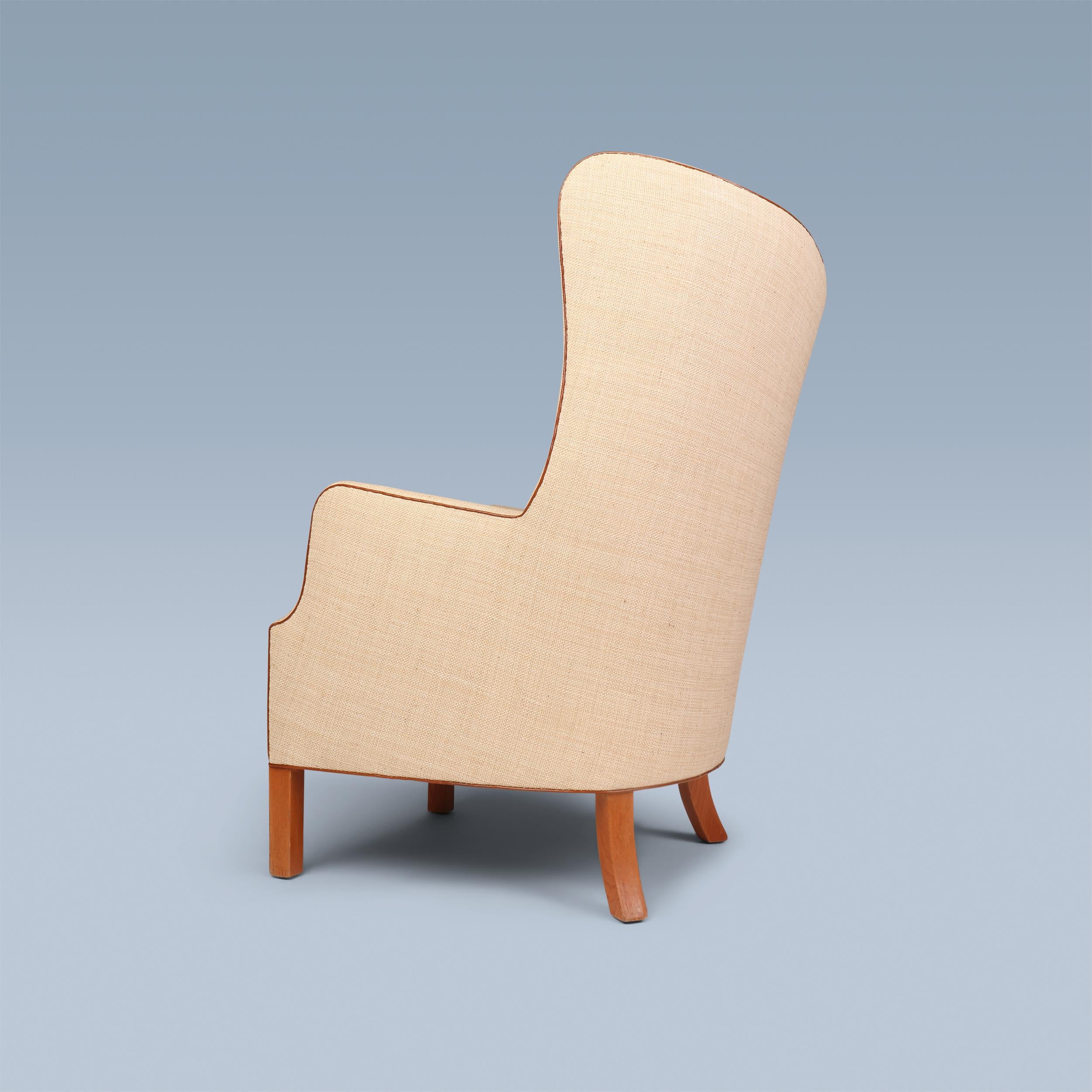 Danish wingback armchair with off-white canvas, Niger leather details, elm legs For Sale 2