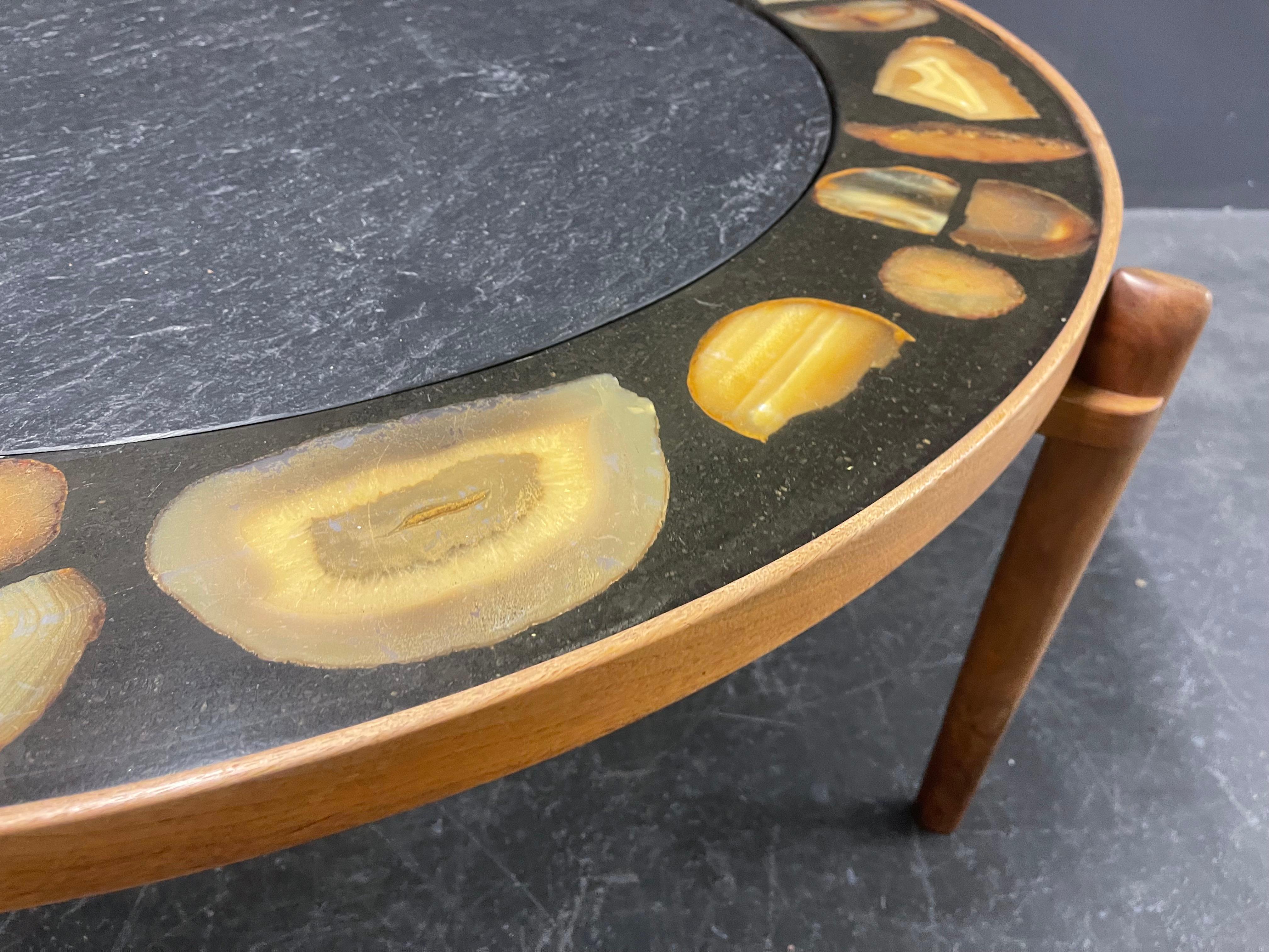 Mid-Century Modern Very Rare and Exclusive Cocktail Table with Agate Inlays and Teakwood Base For Sale