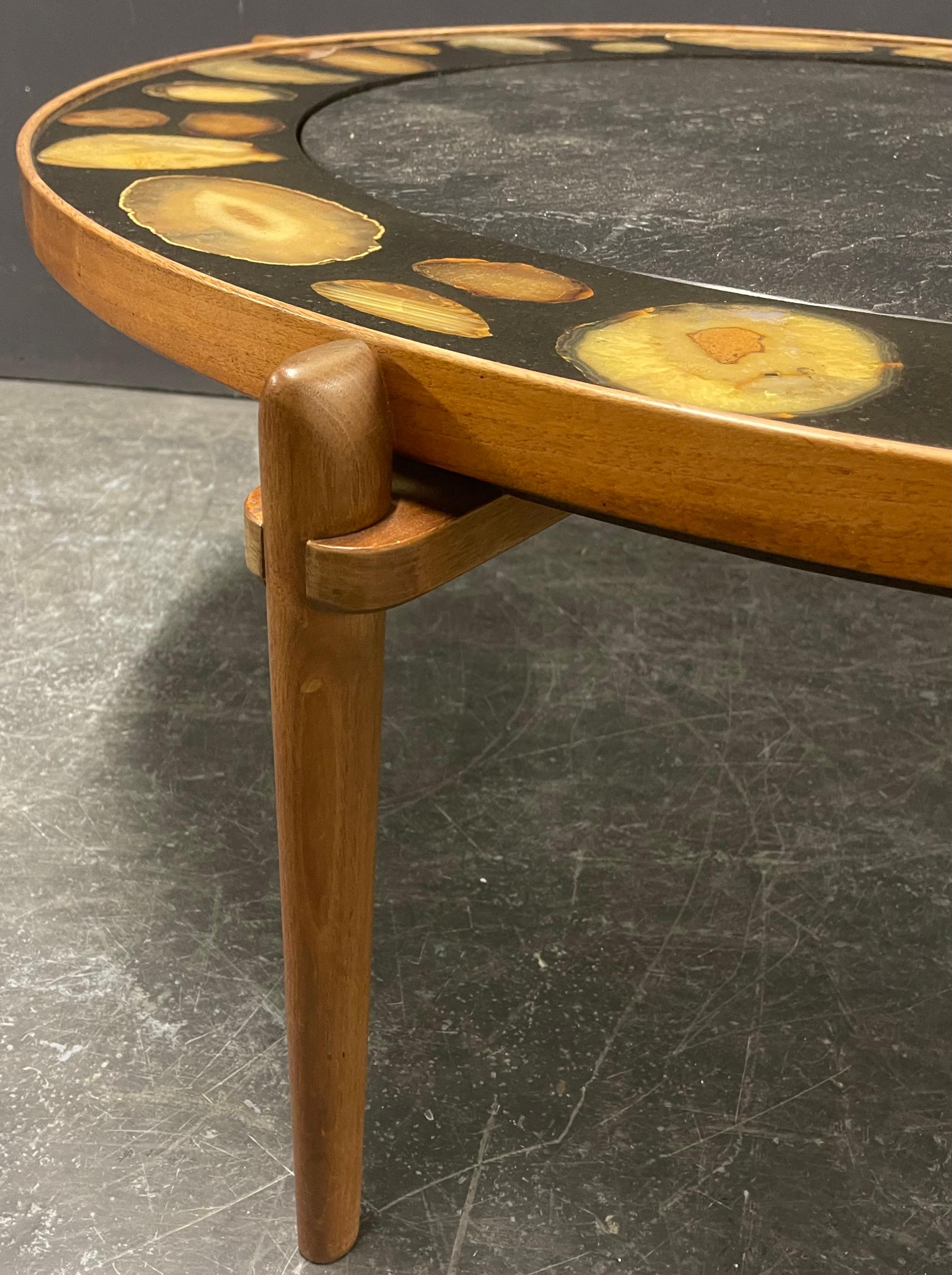 German Very Rare and Exclusive Cocktail Table with Agate Inlays and Teakwood Base For Sale