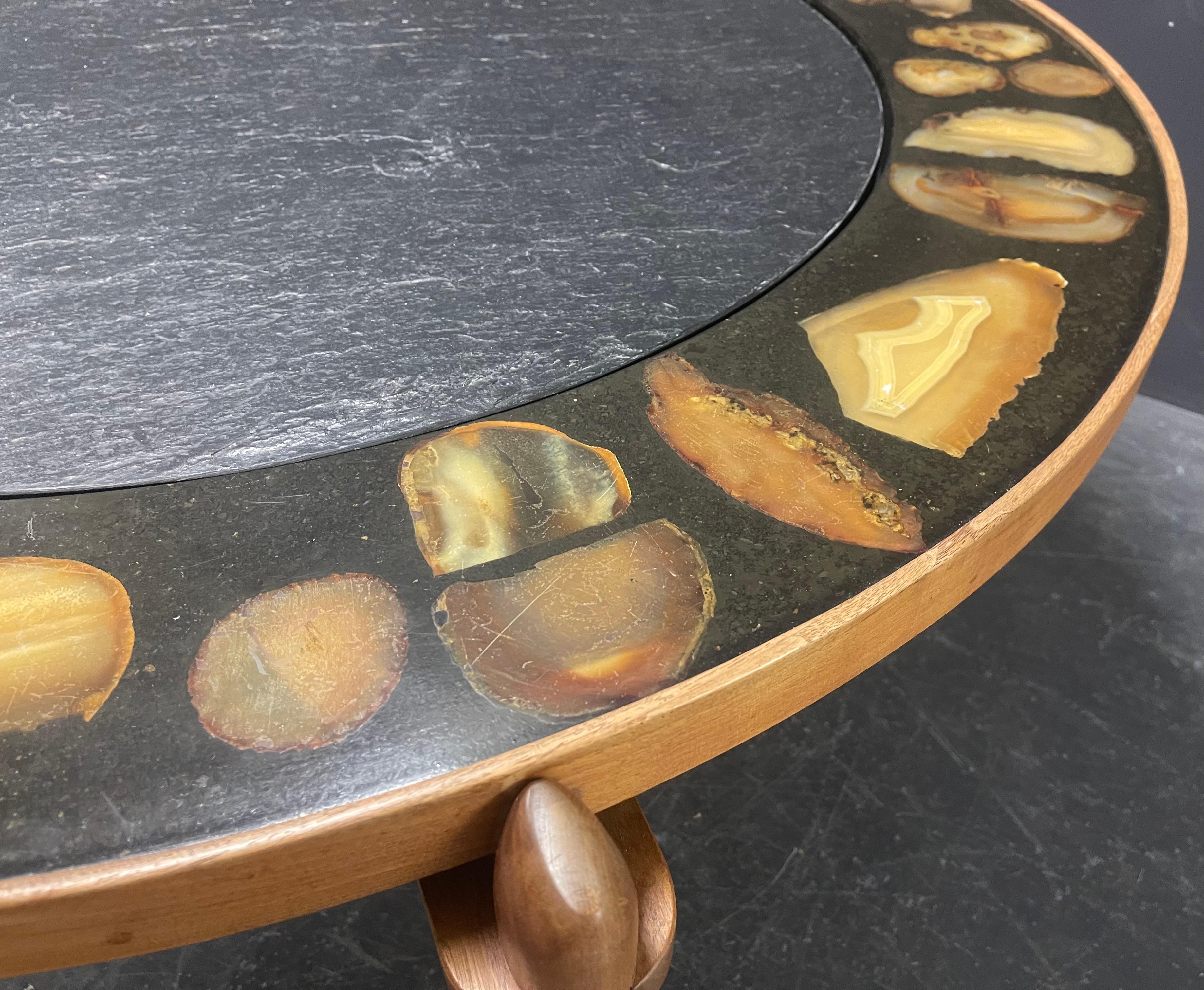 Mid-20th Century Very Rare and Exclusive Cocktail Table with Agate Inlays and Teakwood Base For Sale