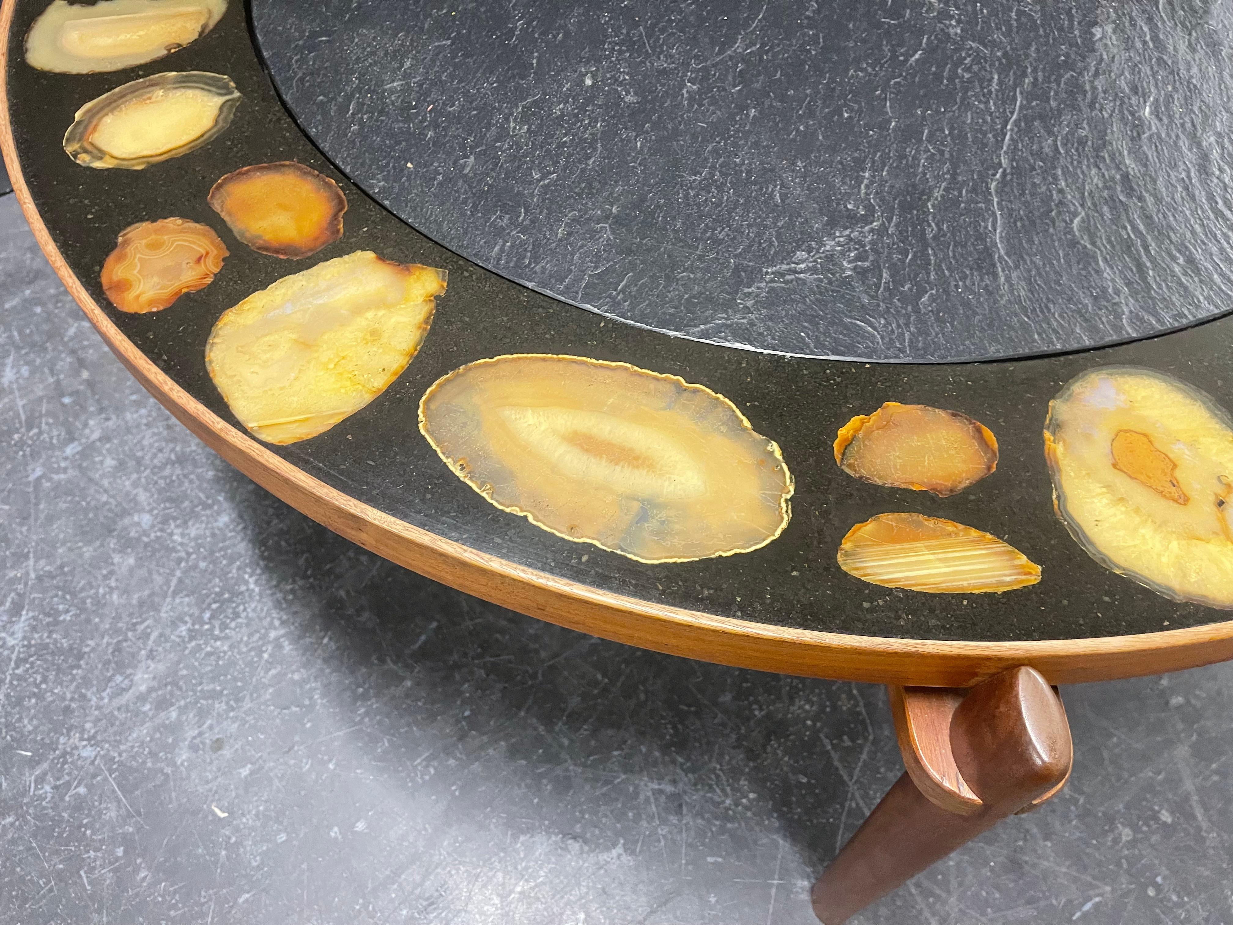 Very Rare and Exclusive Cocktail Table with Agate Inlays and Teakwood Base For Sale 1