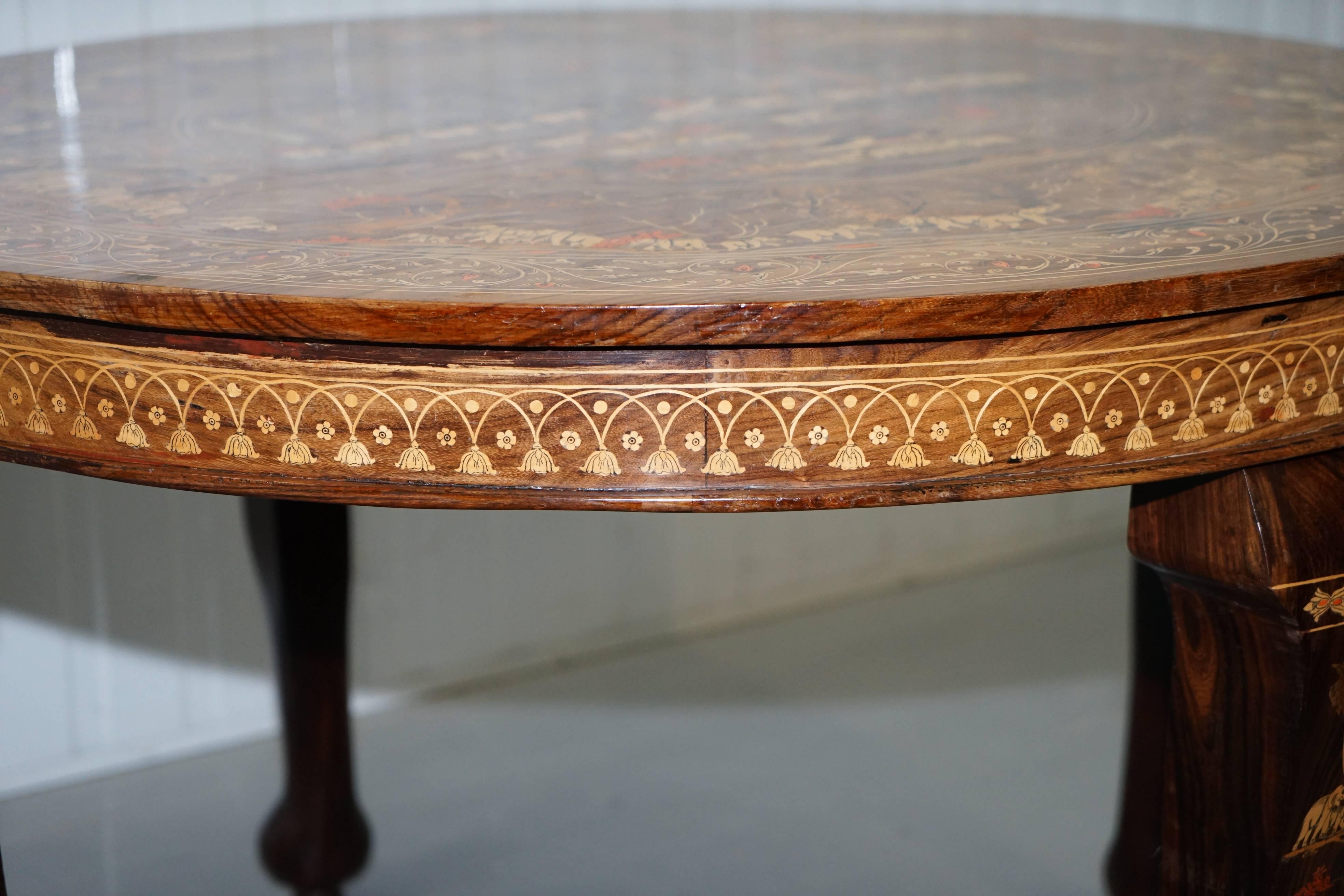 Very Rare Anglo-Indian Redwood Carved Round Dining Table Elephant Carved Inlay 6