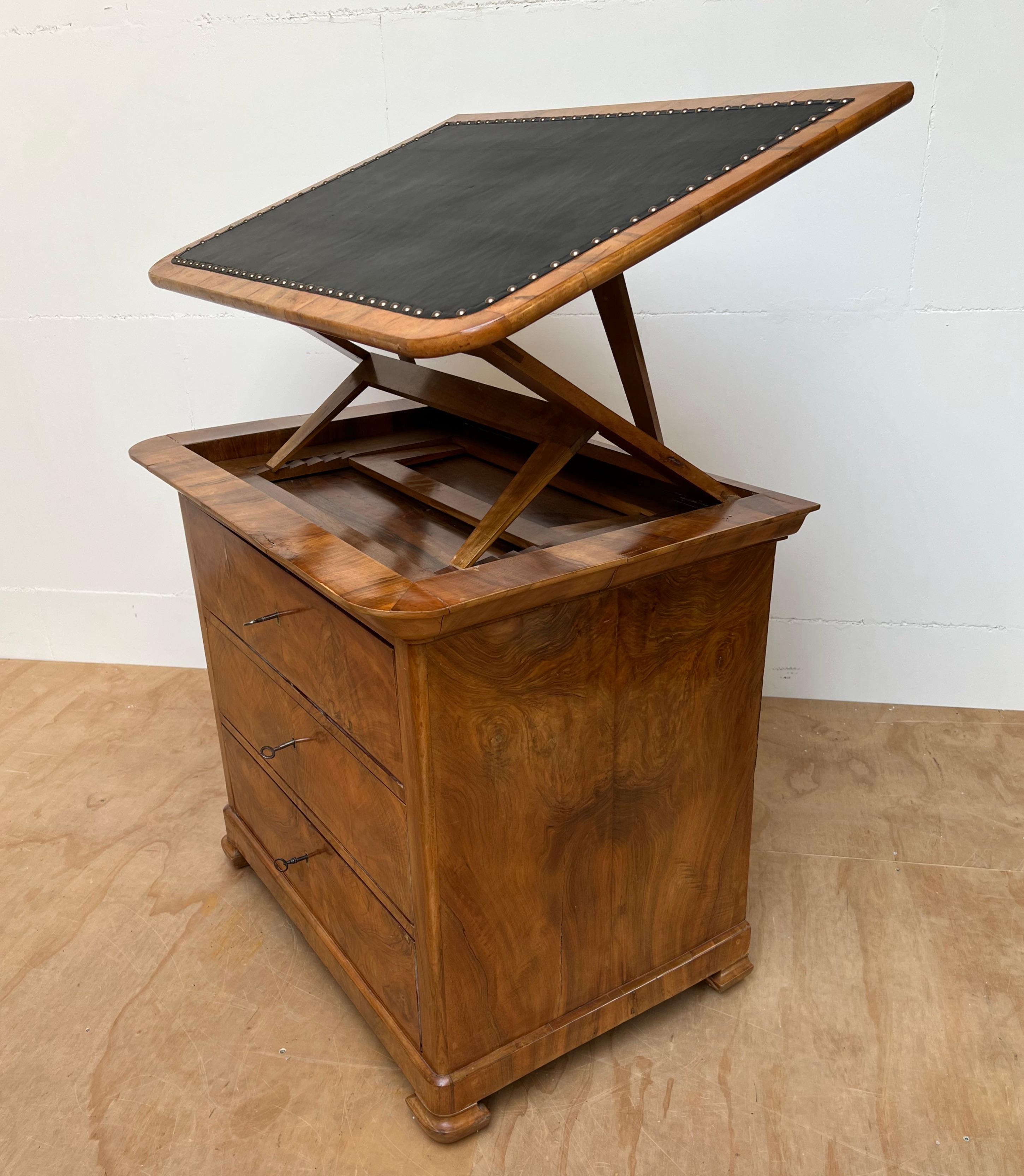 Very Rare Antique Biedermeier Walnut Architect's Drawing Table, Commode or Chest For Sale 12