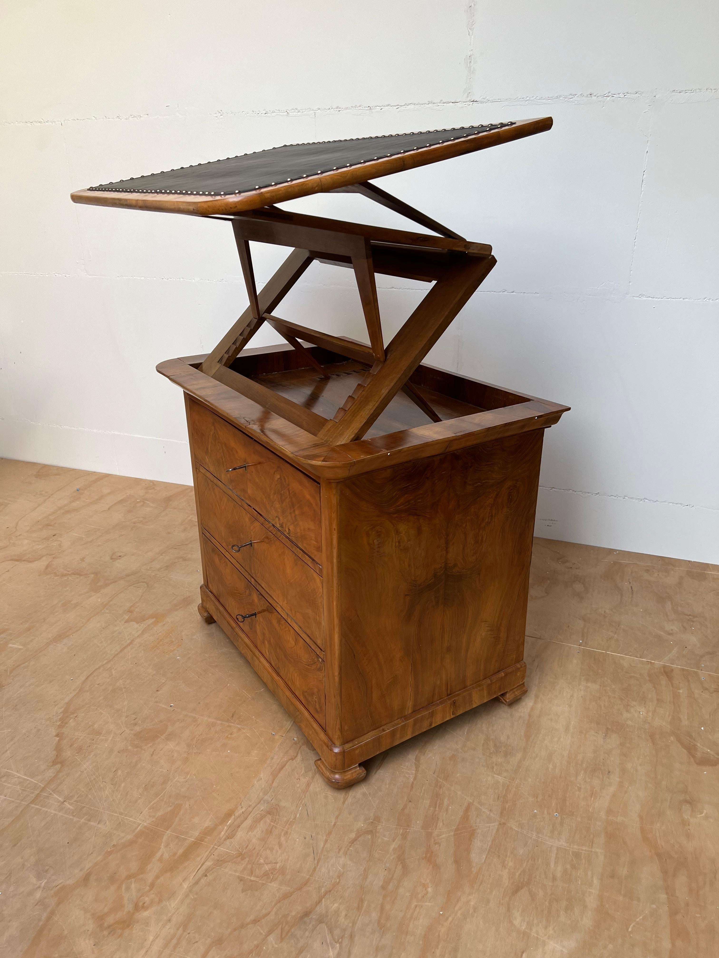 Patinated Very Rare Antique Biedermeier Walnut Architect's Drawing Table, Commode or Chest For Sale
