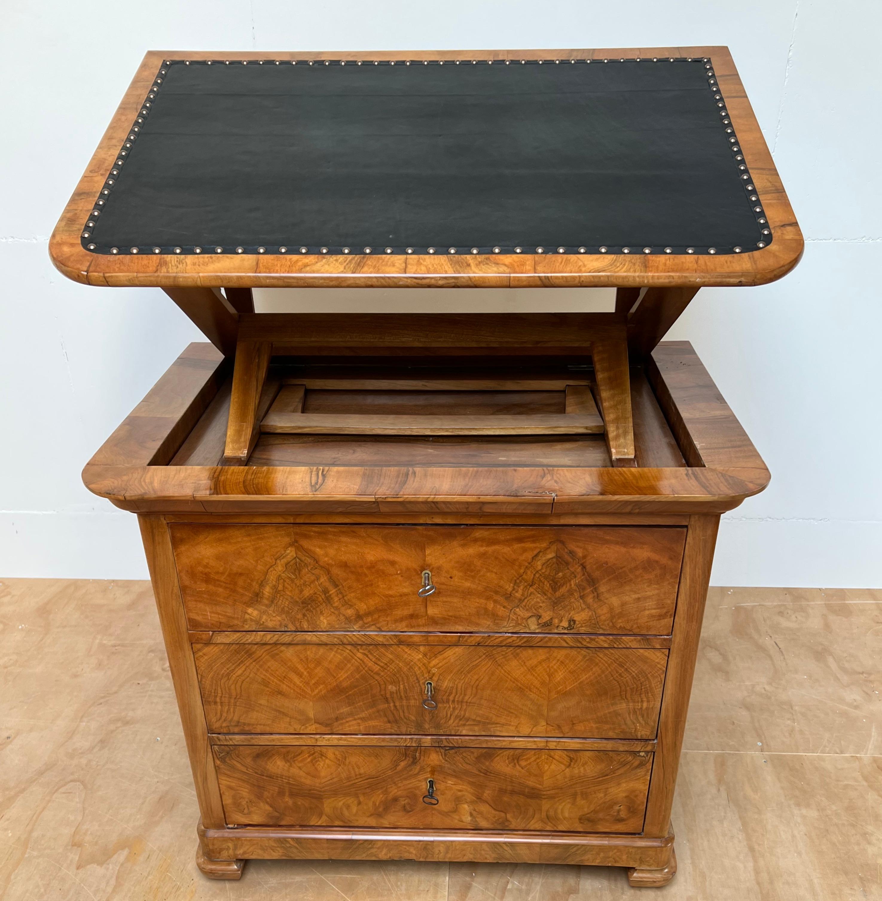 Brass Very Rare Antique Biedermeier Walnut Architect's Drawing Table, Commode or Chest For Sale