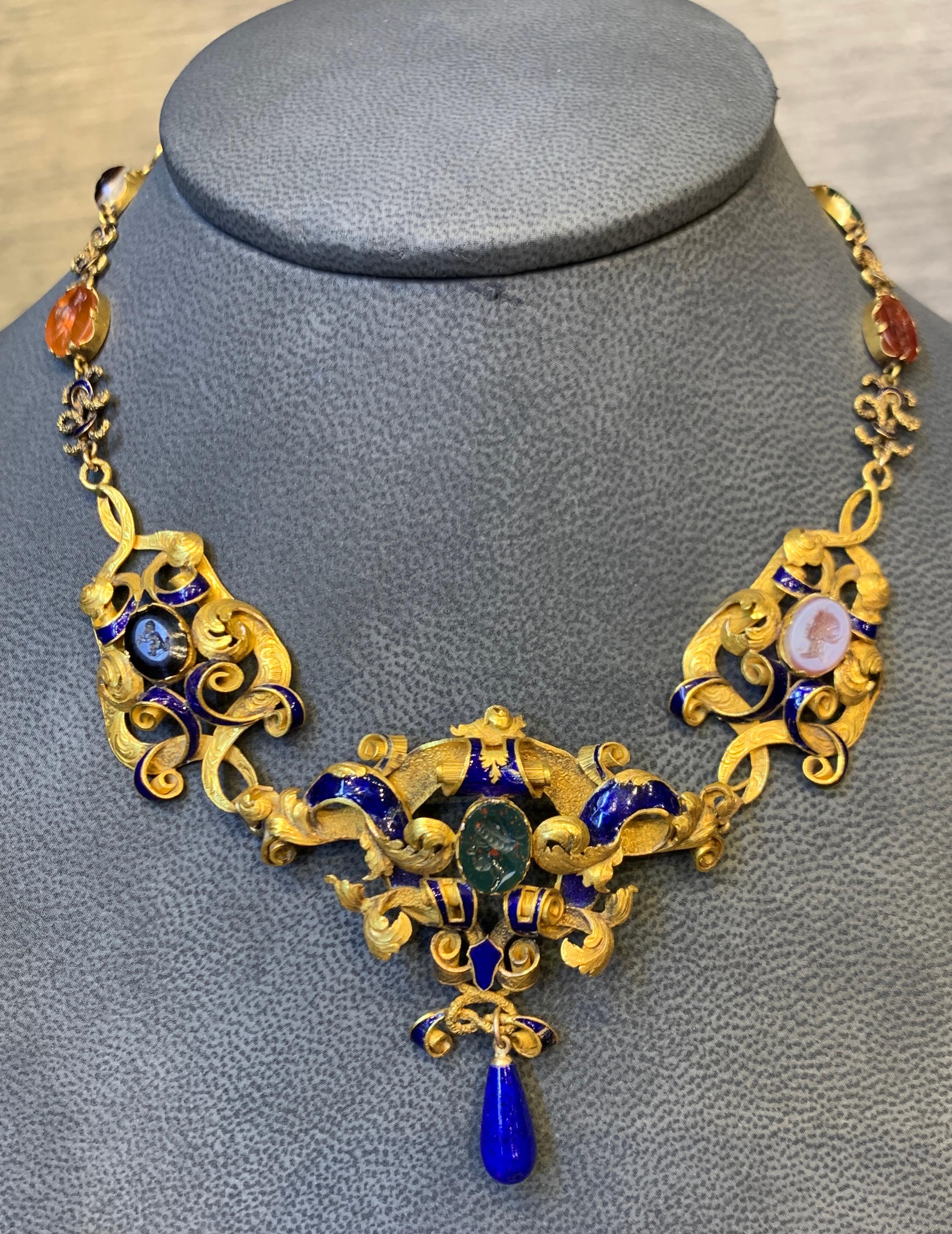 Very Rare Antique Carved Intaglio Enamel Necklace In Excellent Condition In New York, NY