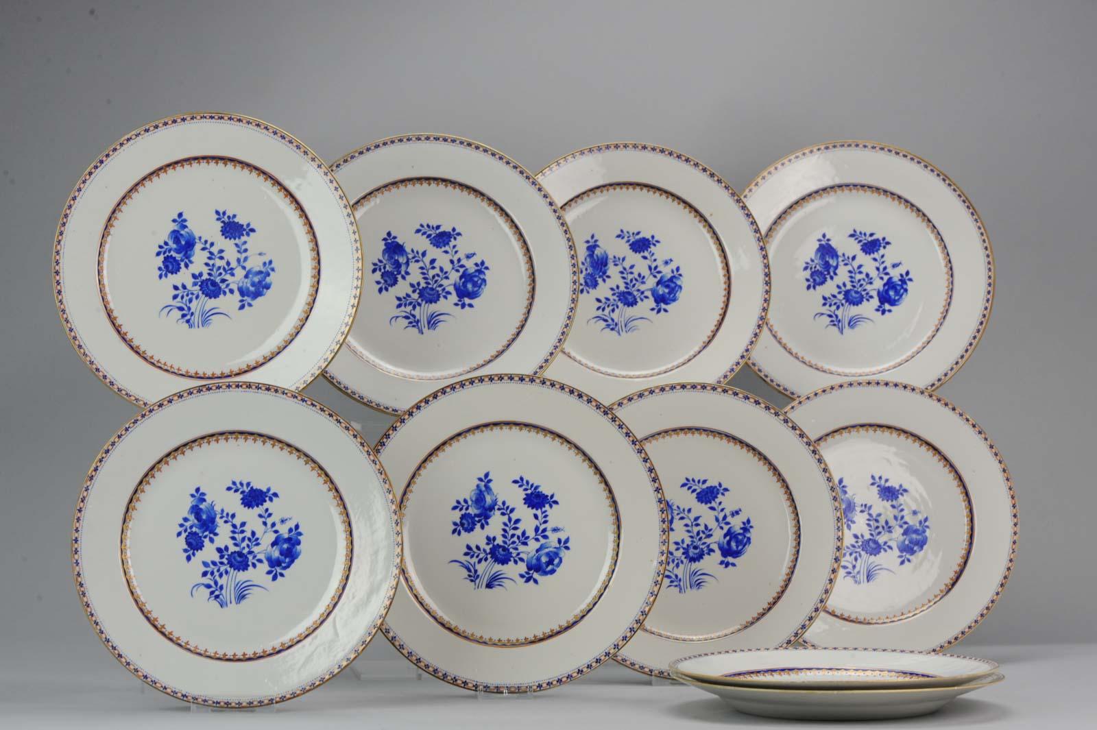 A very nicely decorated set of dinner plates plate. Very rare type of decoration. Dating to circa 1780-1790. Overglaze blue of superb cobalt color

Condition
Overall condition a (very good). 7 x Perfect, 1 with some frits, 1 with a chip and frit,