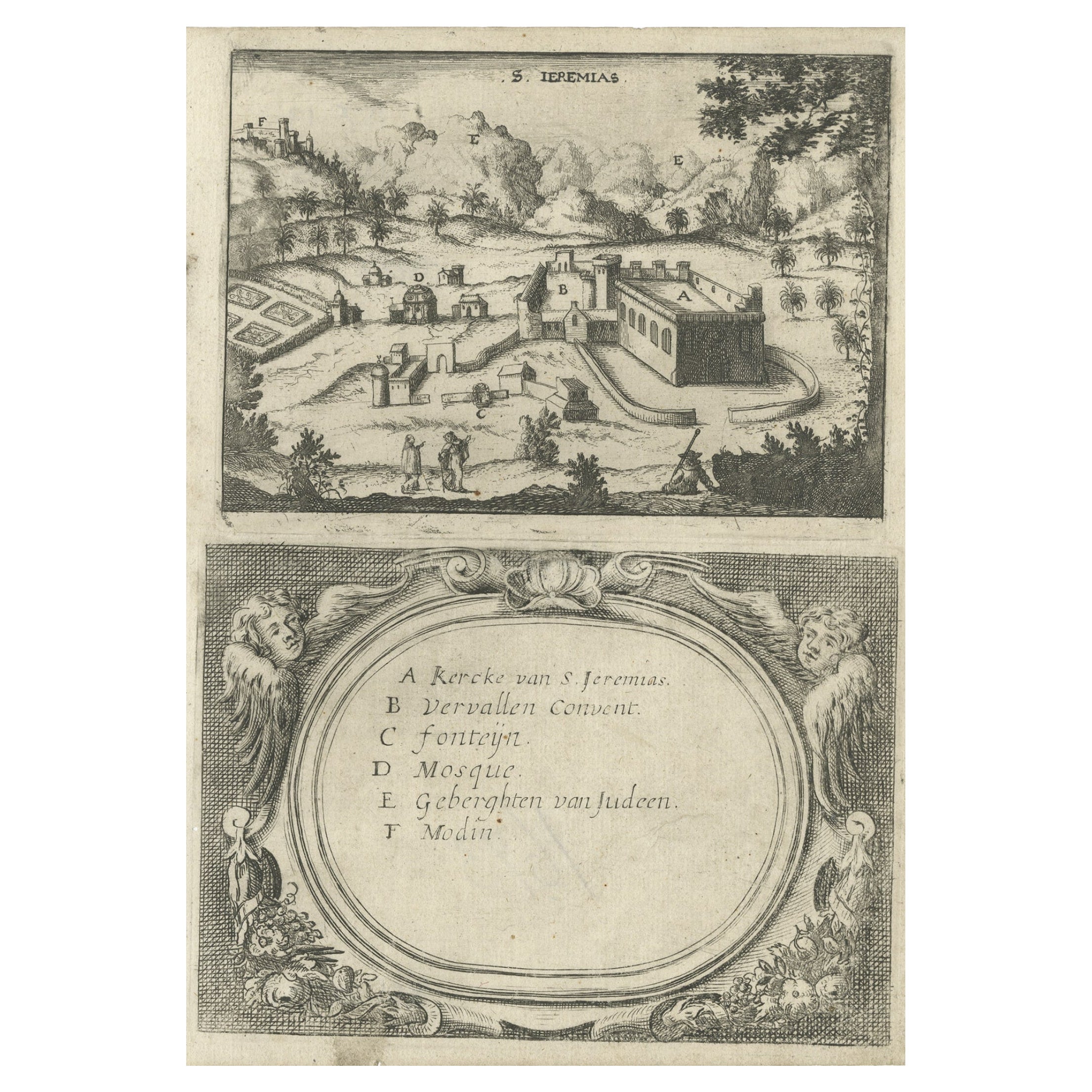 Rarissima incisione antica del monastero cristiano di San Jeremias in Egitto, 1673