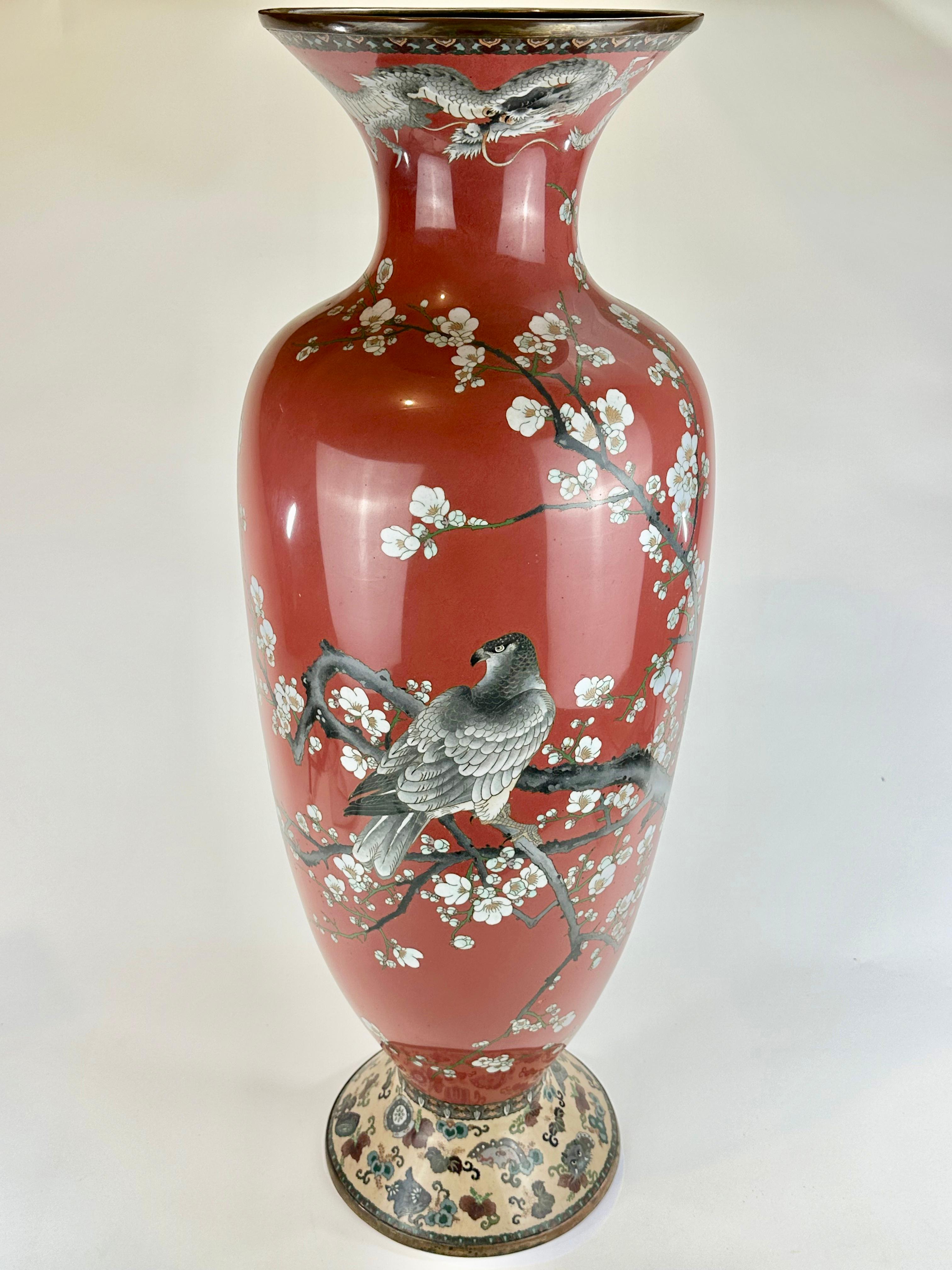Available from Shogun's Gallery in Portland, Oregon for over 40 years specializing in Asian Arts & Antiques.

This is a unique Japanese Meiji era (c. 1890) ornate Cloisonné vase. Made of copper, copper alloys and vitreous glass enamel. 

This vase