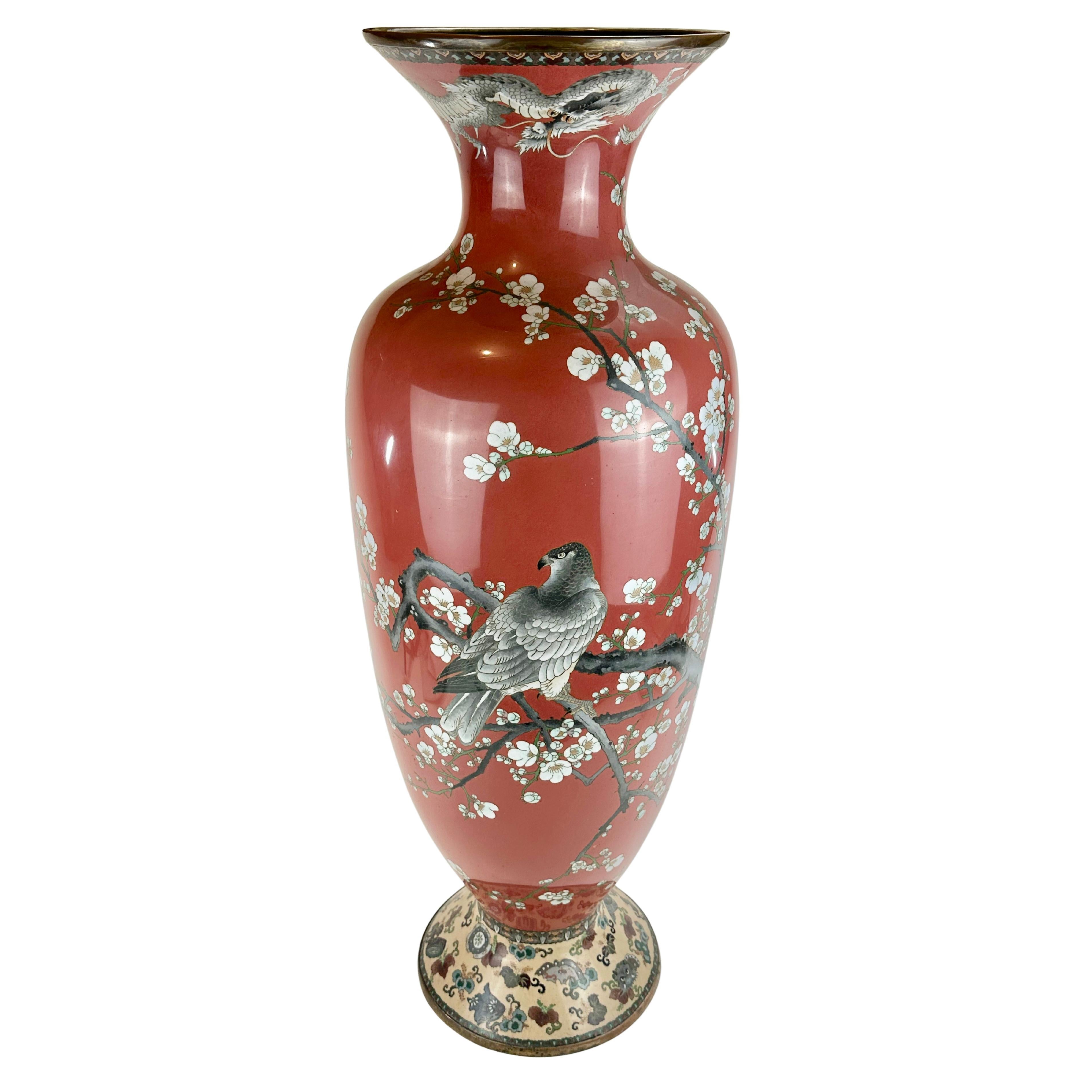 Very Rare Antique Japanese Meiji Era (late 1800's) Cloisonné Vase Falcon 34" For Sale