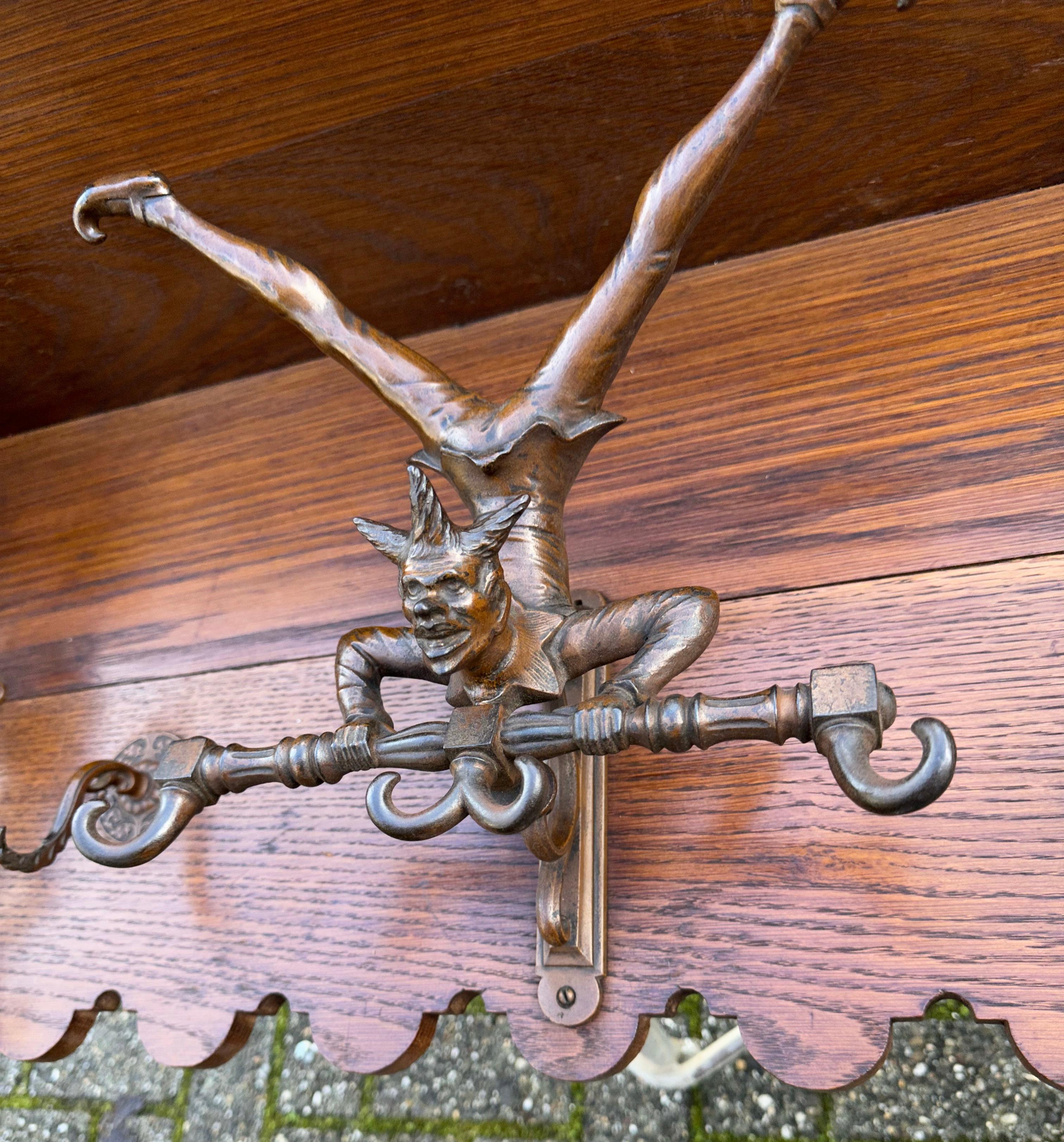 Victorian Very Rare Antique Oak Wall Coat Rack w. Acrobatic Jester Figure Hooks, Great Fun For Sale