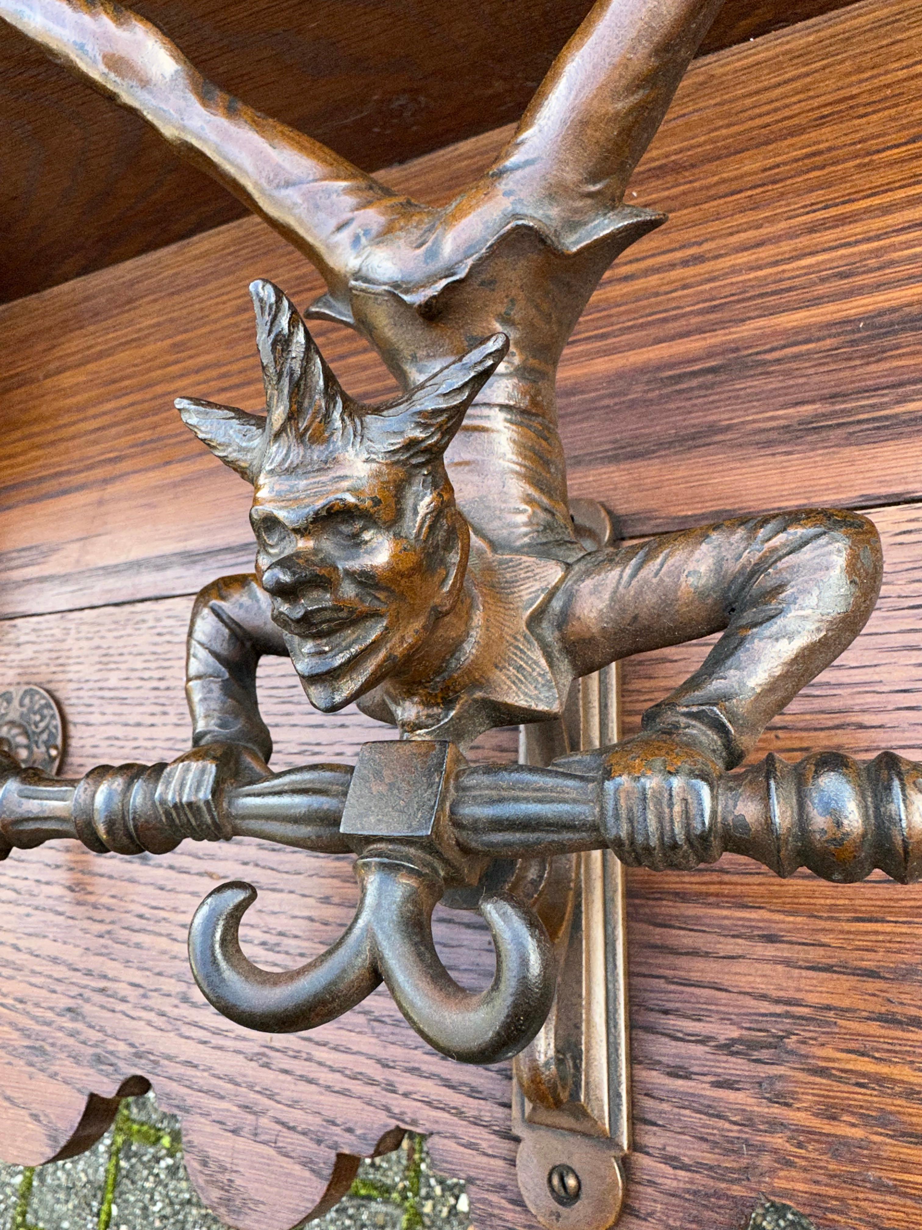 Victorian Very Rare Antique Oak Wall Coat Rack w. Acrobatic Jester Figure Hooks, Great Fun For Sale