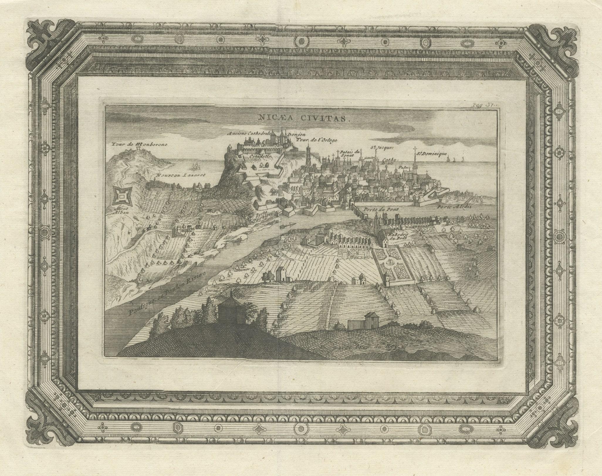 Grabado antiguo muy raro de la ciudad de Niza en Francia, c.1700 Papel en venta