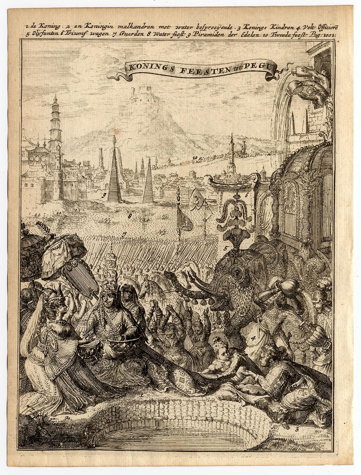 Plate: 'Konings feesten tot Pegu.' (Kings celebrations in Pegu.) 

On this plate: 1. The King. 2. And the Queen, sprinkling water on each other. 3. Their children. 4. Officers. 5. Elephants. 6. Triumphal wagon. 7. Guards. 8. Water feast. 9.
