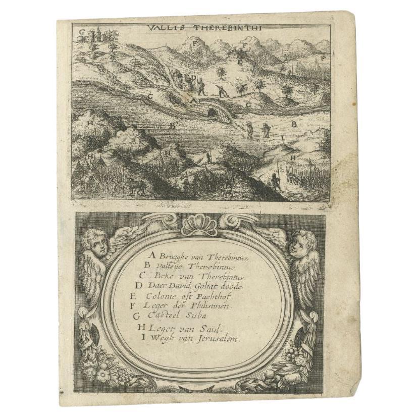Antique print titled 'Vallis Therebinthi'. Old print of the Valley of Terebinthus, below a decorative cartouche with lettered key and surrounded by 2 cherubins. This print originates the very rare travel book 'Hierusalemsche Reyse' by A. Gonsales.