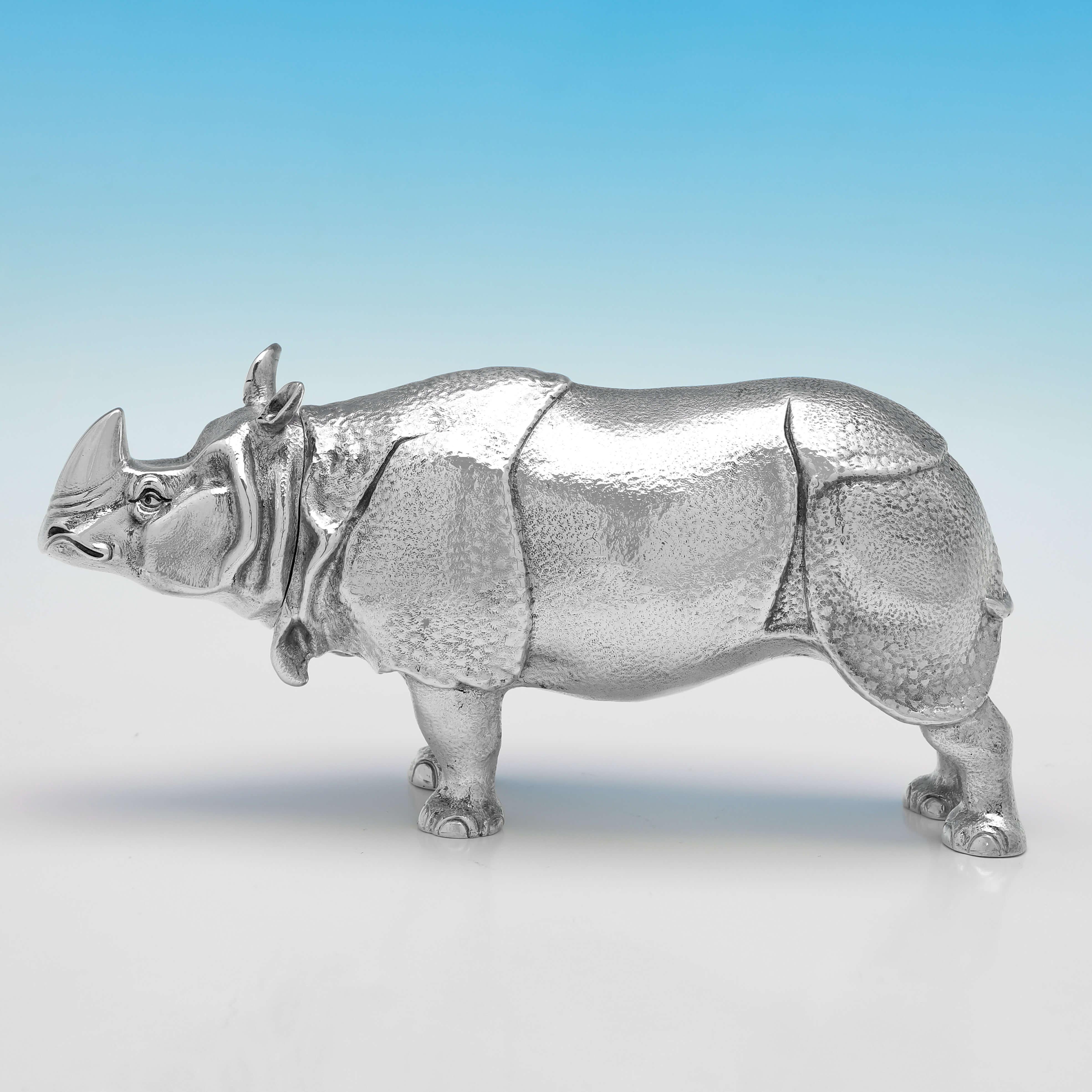 Hallmarked in Chester in 1906 by Berthold Muller, this very rare, and very handsome, Antique Sterling Silver Model of a Rhinoceros, is wonderfully made. The rhinoceros measures 4.25