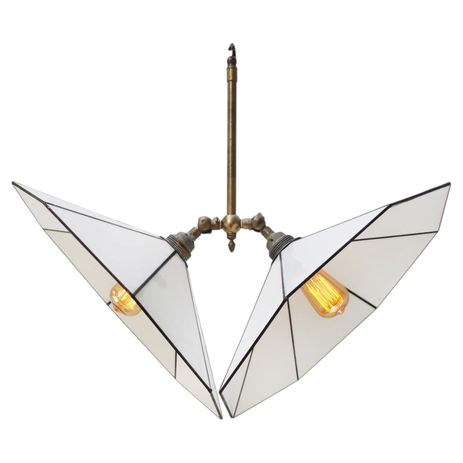 Very Rare Art Deco Brass White Stained Opaline Glass Pendant Lamp For Sale