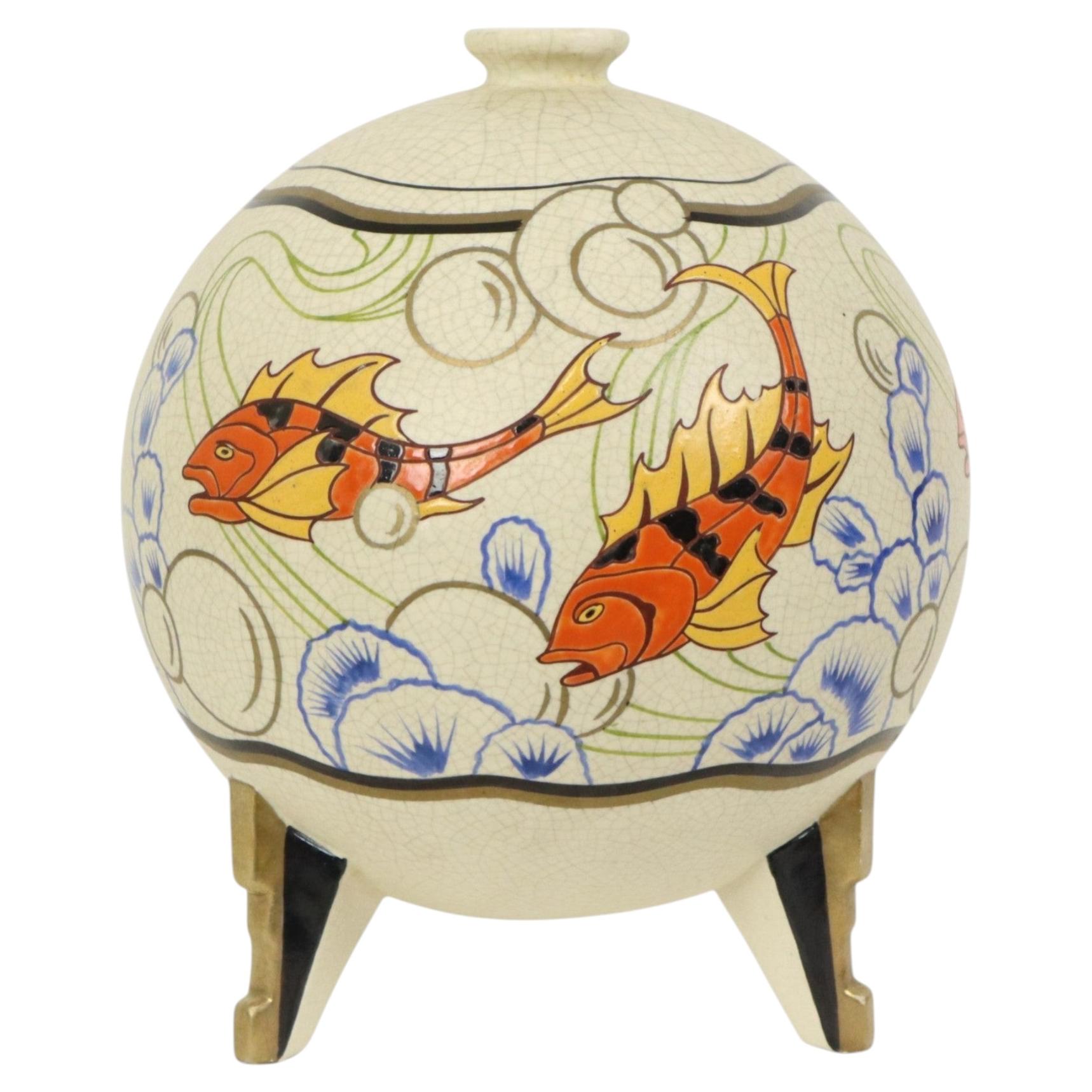 Very Rare Art Deco Fish Vase Cracke Glaze Orchies France 1920s