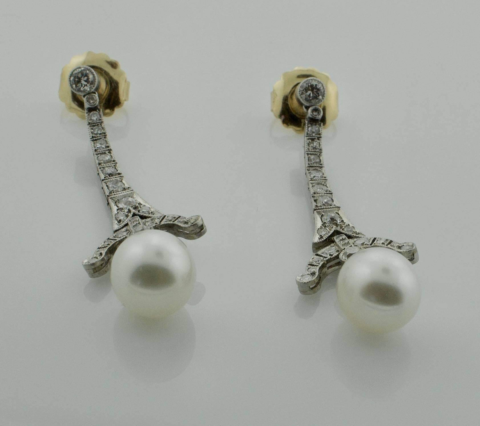 Art Deco Platinum and Pearl Diamond Earrings
Two Cultured Pearls 9.8 - 9.7 mm
Forty Six Round and Old European Cut Diamonds weighing 1.50 carats approximately
Ideal for a Bride
Handmade, Fully Hinged and Articulated

