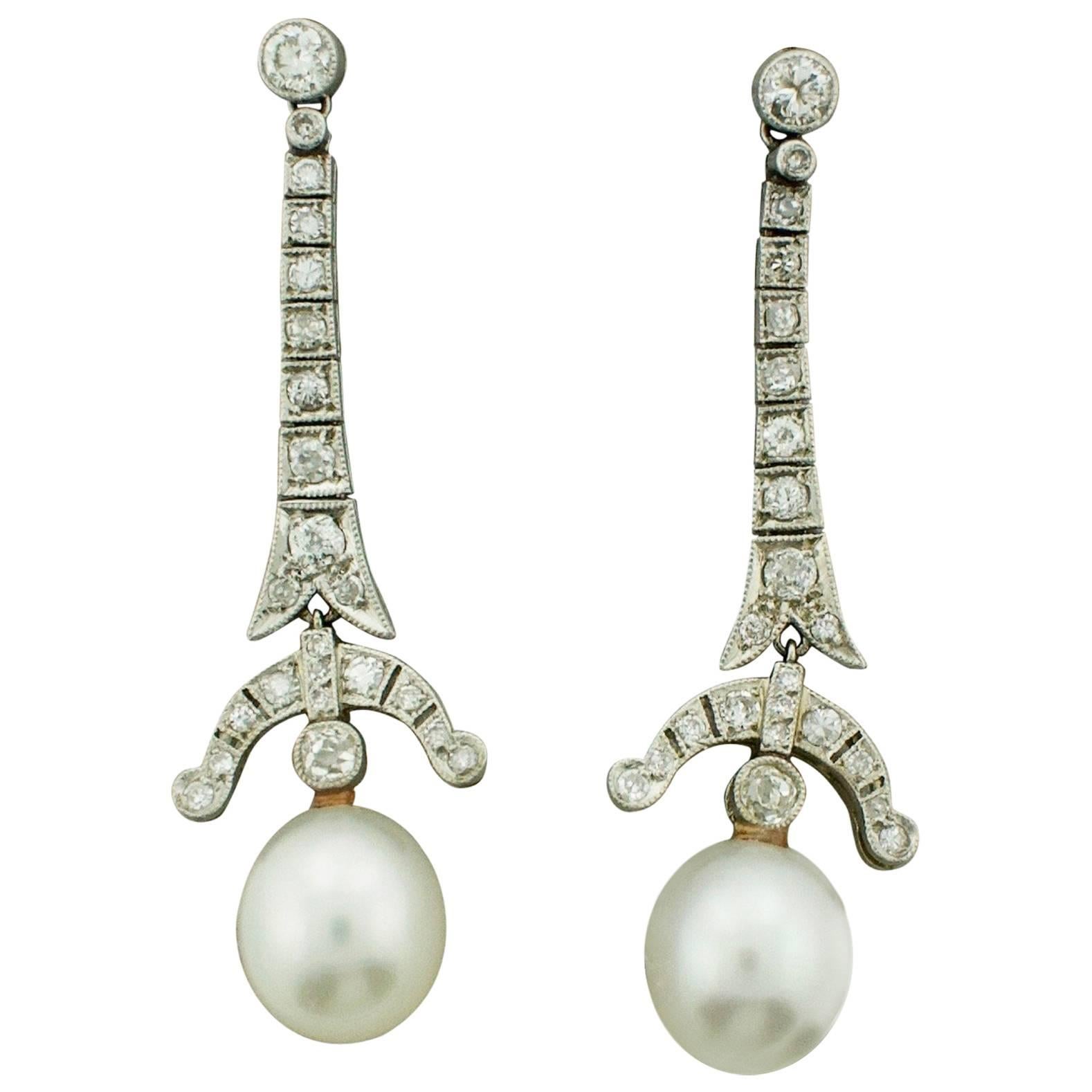 Very Rare Art Deco Platinum and Pearl Diamond Earrings For Sale