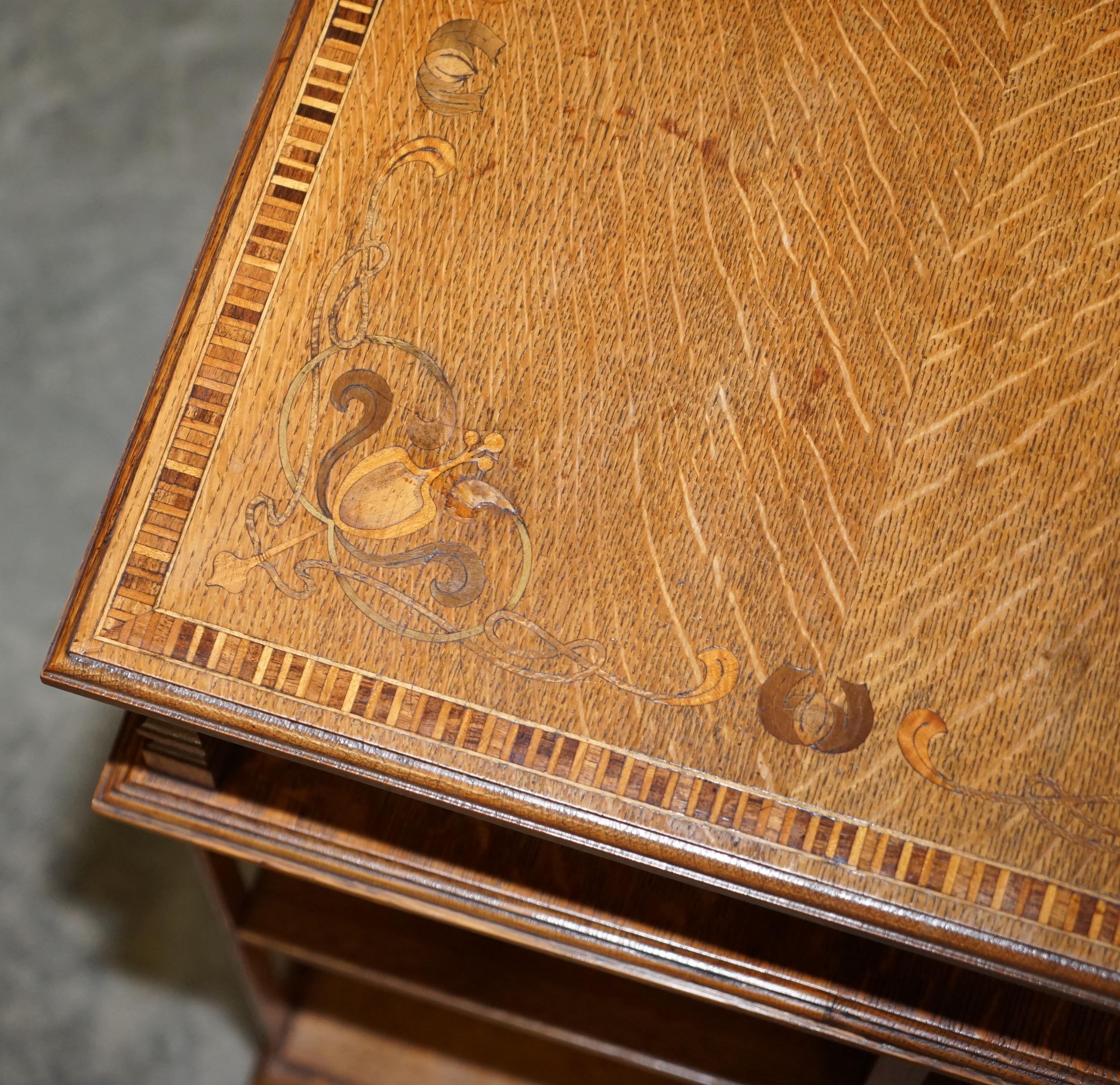 Very Rare Art Nouveau Oak & Sample Wood Inlaid Revolving Bookcase Side End Table For Sale 4