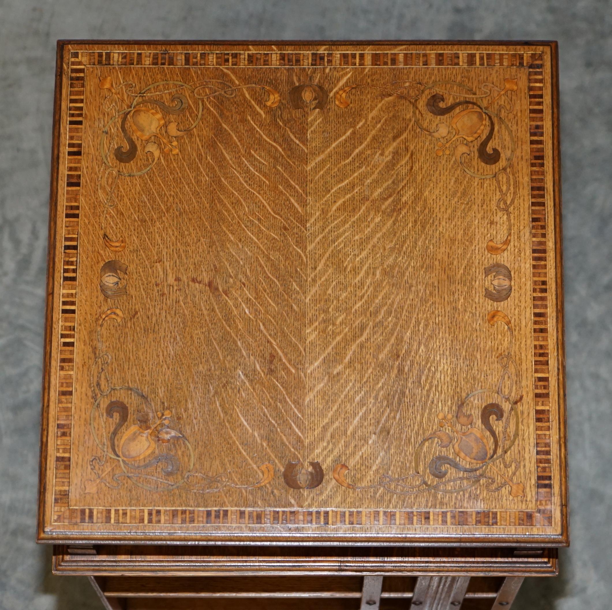 Very Rare Art Nouveau Oak & Sample Wood Inlaid Revolving Bookcase Side End Table For Sale 3