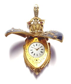 very rare beetle pendant watch adorned with enamel, diamonds and rubies