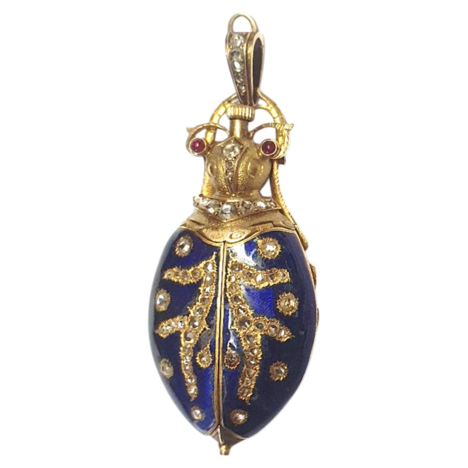 very rare beetle pendant watch adorned with enamel, diamonds and rubies For Sale