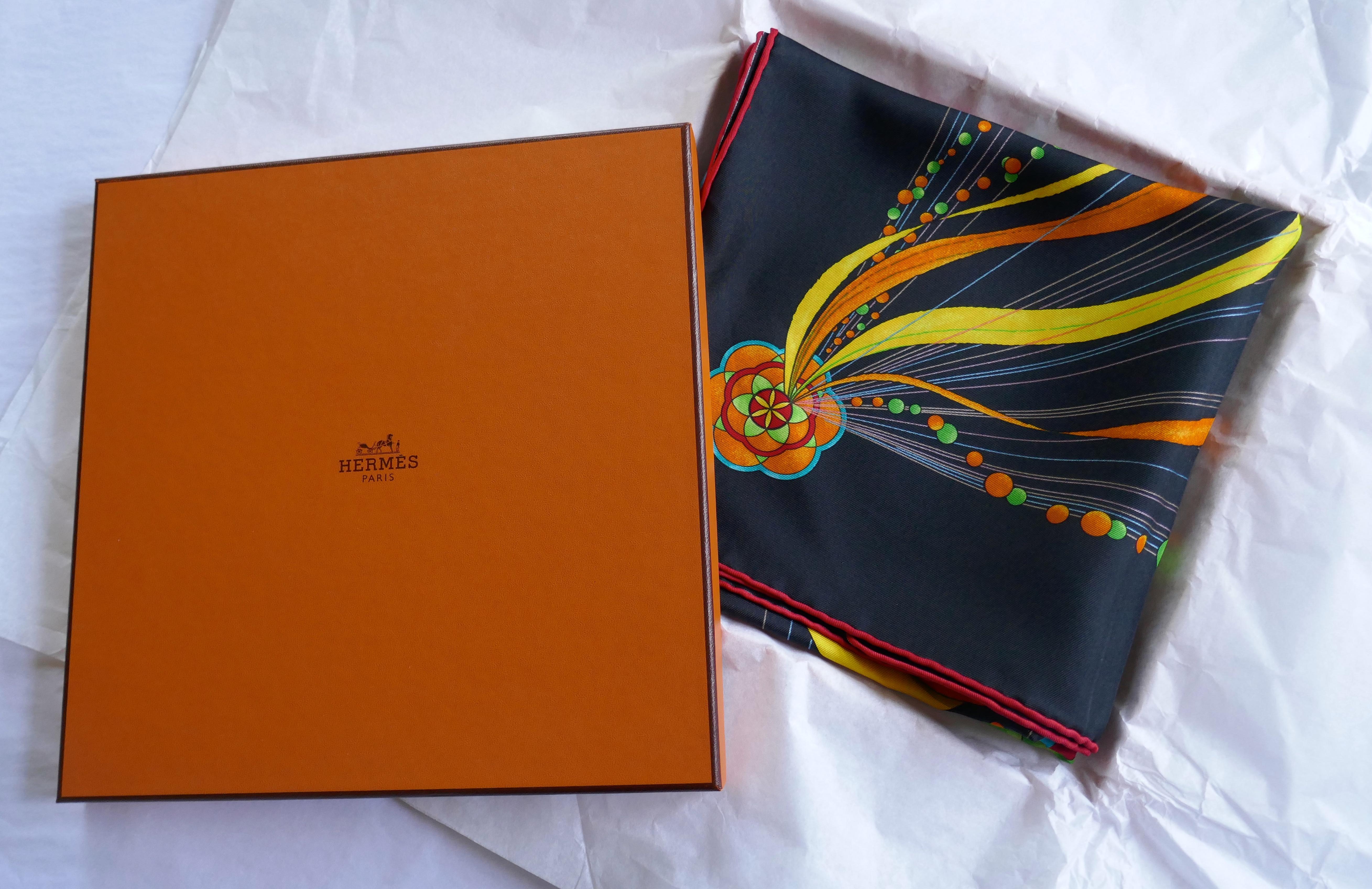 Very Rare Black Hermes “La Danse Du Cosmos” Silk Scarf by Zoe Pauwels In Good Condition In Chillerton, Isle of Wight